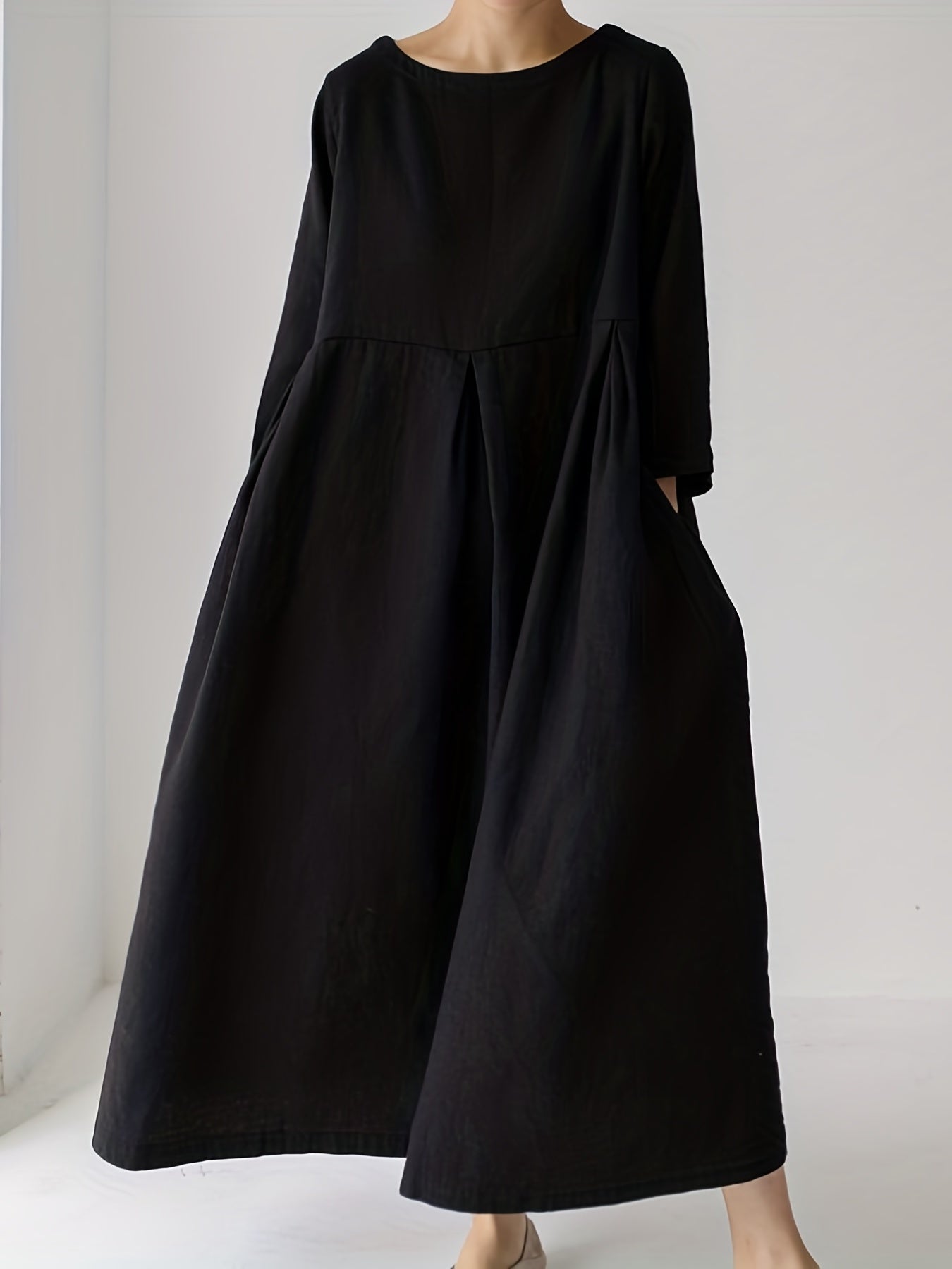Chic Solid Maxi Dress with Pleated Hem - Flattering 3/4 Sleeves & Loose Fit - Perfect for Spring & Fall - Womens Casual Crew Neck Dress