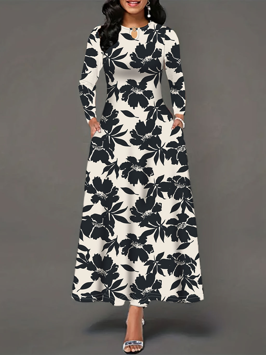 Stylish Women's Long Sleeve Maxi Dress with Pockets - Elegant Leopard Print, Crew Neck, Stretchy Polyester Blend for Fall/Winter