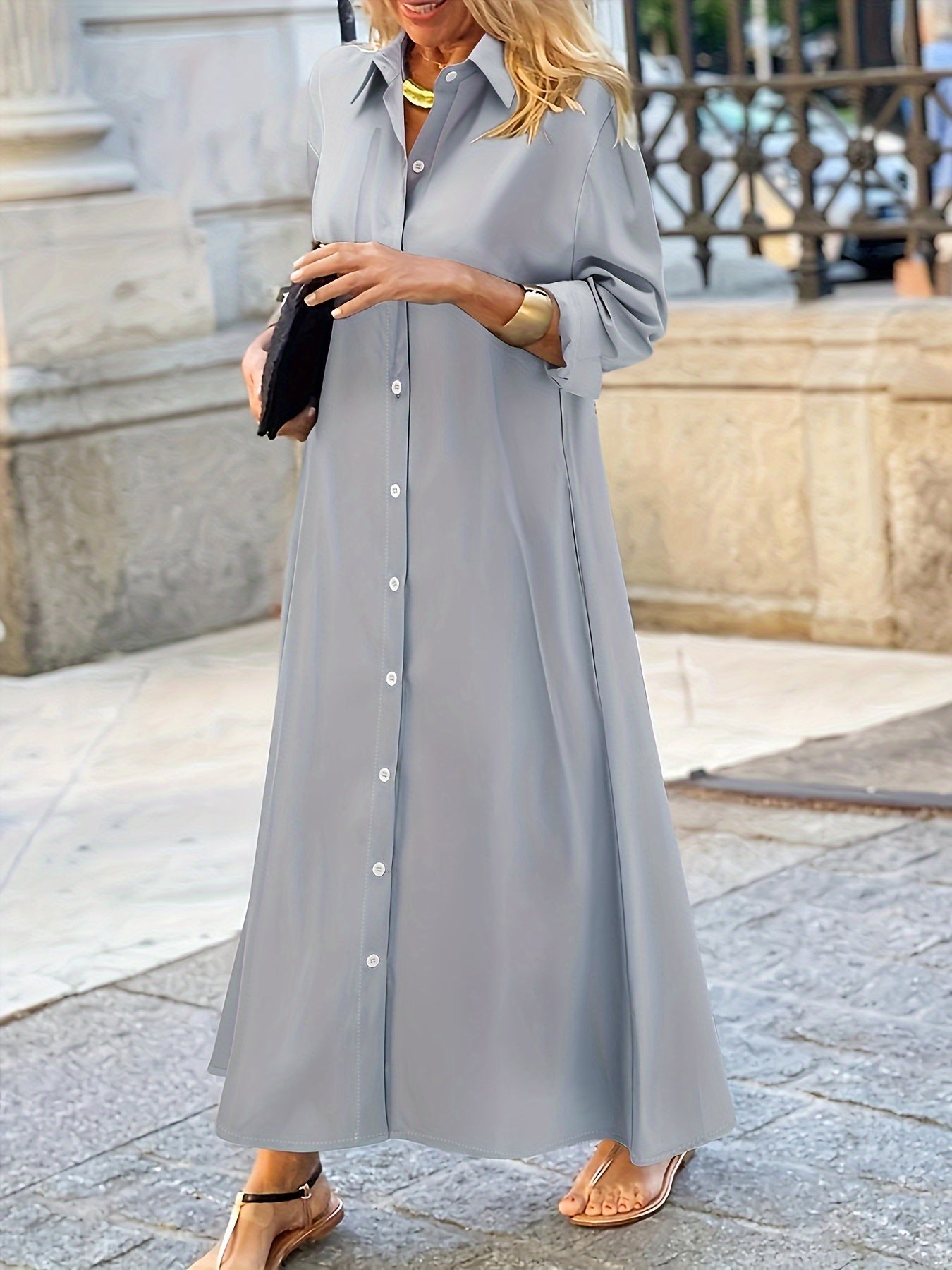 Stylish Plus Size Button Front Polo Collar Long Sleeve Dress - Women's Plus Size Clothing, Casual Solid Color Dresses for Work or Daily Wear - Easy to Match and Comfortable to Wear