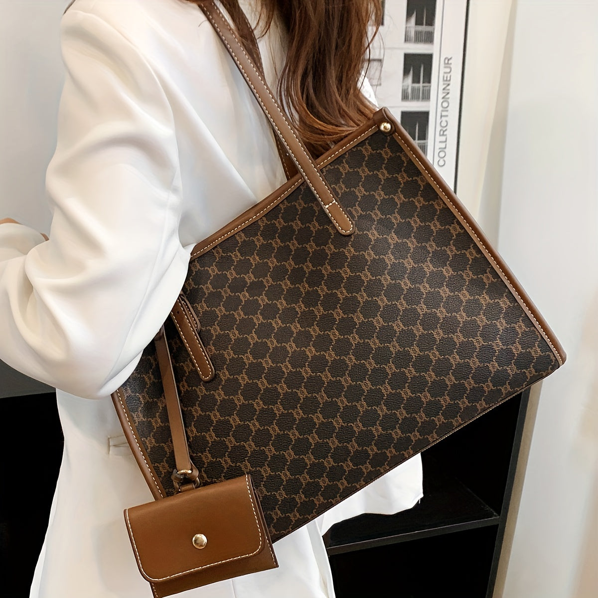 Trendy Colorblock Tote Bag, Retro Large Capacity Square Shoulder Bag With Hanging Mini Purse For Women