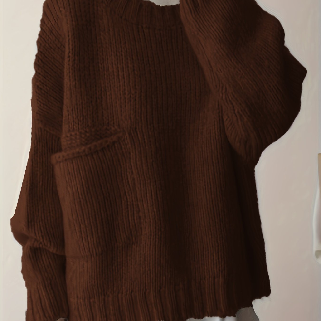 Plus Size Solid Pocket Sweater, Casual Long Sleeve Crew Neck Sweater For Fall & Winter, Women's Plus Size Clothing