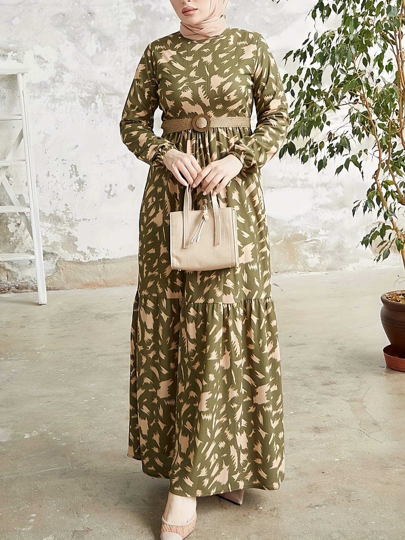 Vibrant Color Block Maxi Dress - Elastic Polyester Crew Neck Modest Dress with Belt, Machine Washable, Random Print, Woven Fabric, Perfect for Spring & Fall, Middle East Style Womens Clothing