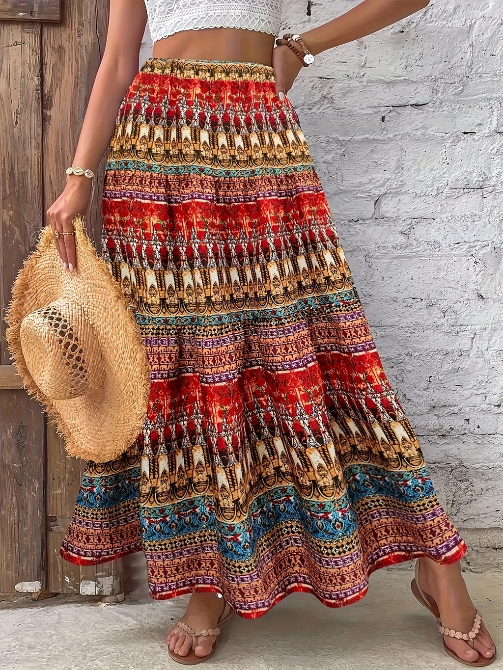 Plus Size Floral Print Skirt, Casual Elastic Waist Skirt For Spring & Summer, Women's Plus Size Clothing