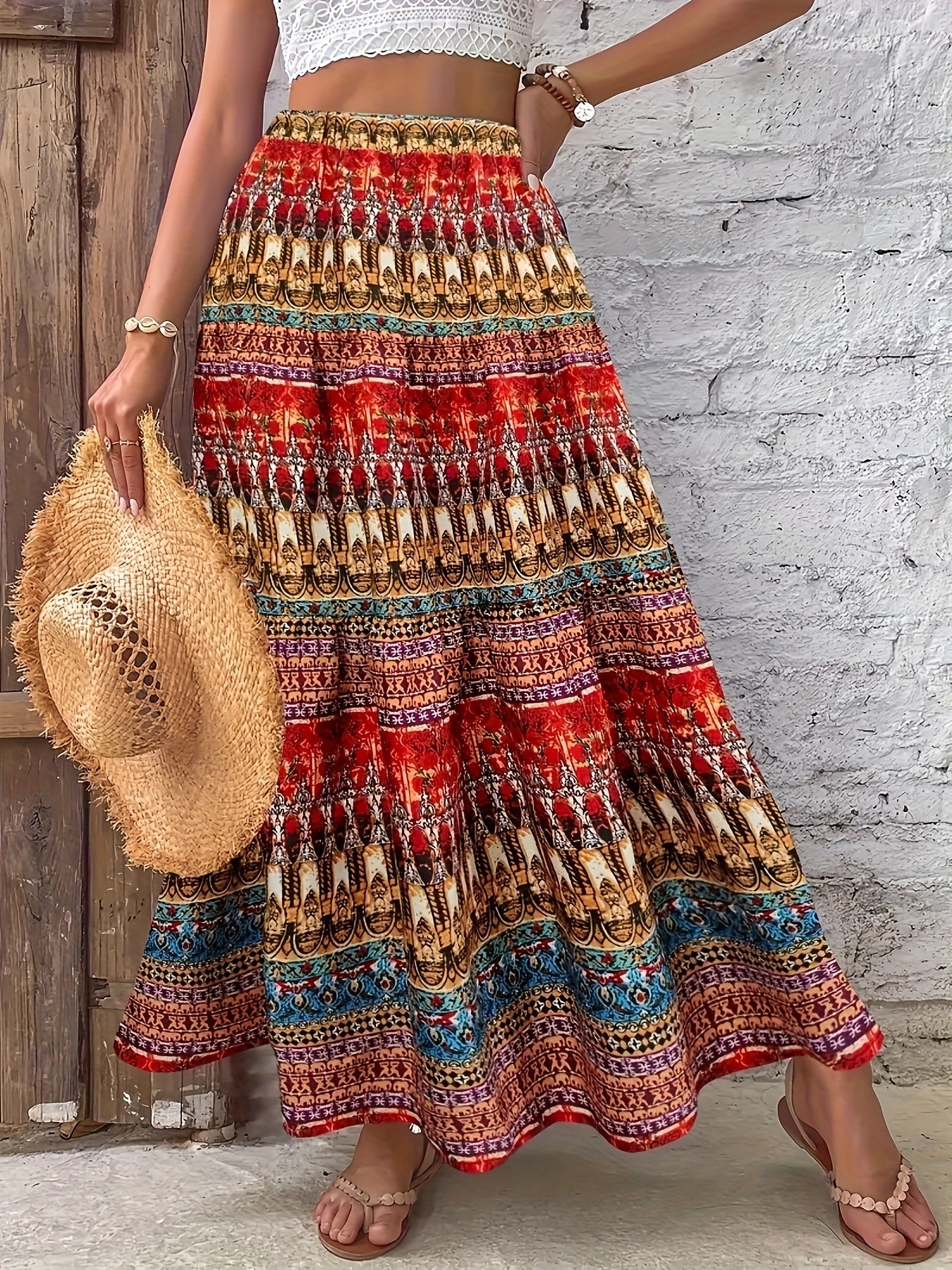 Plus Size Floral Print Skirt, Casual Elastic Waist Skirt For Spring & Summer, Women's Plus Size Clothing