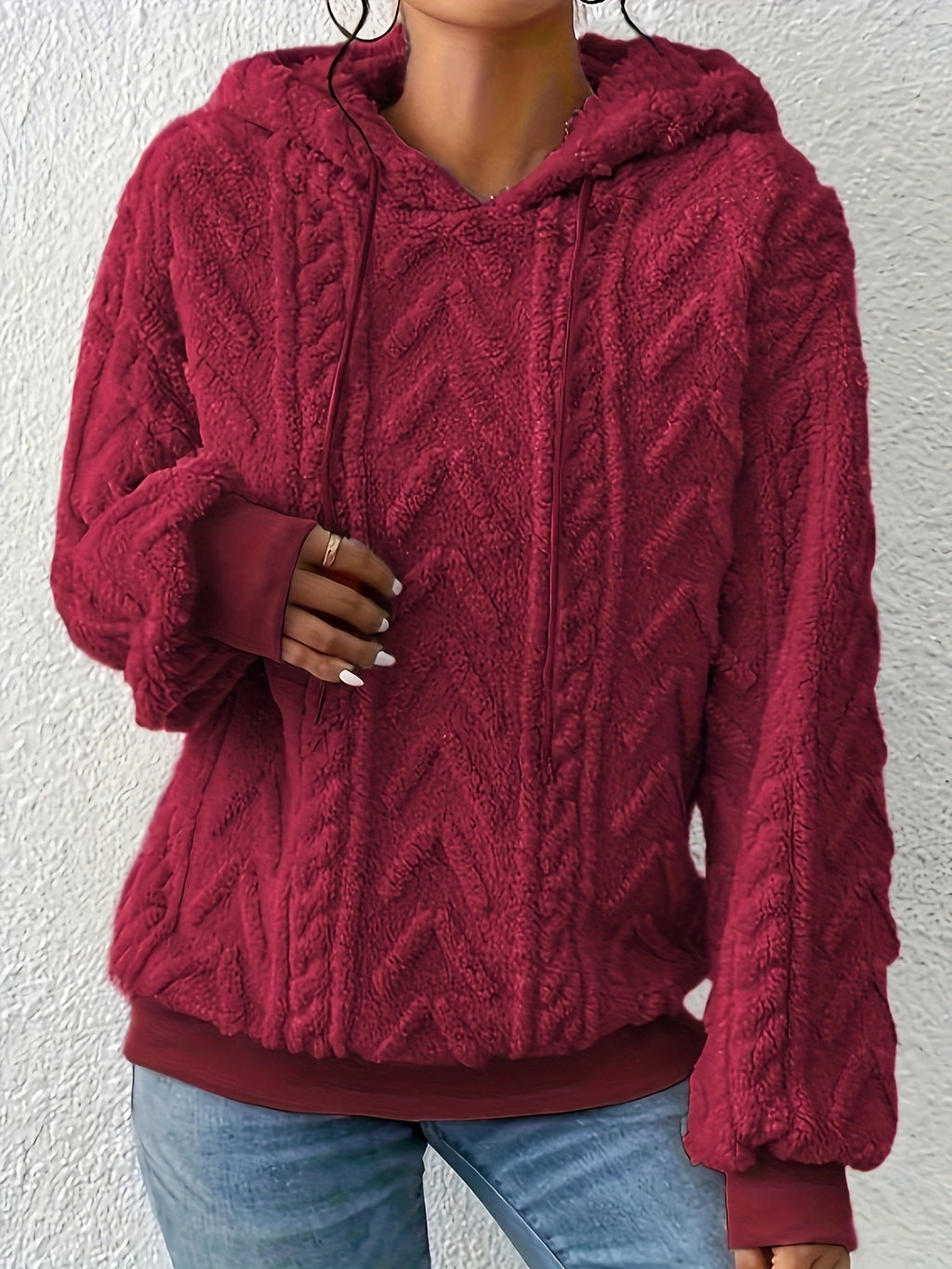 Plus Size Solid Fuzzy Hooded Sweatshirt, Casual Long Sleeve Pullover Sweatshirt, Women's Plus Size Clothing