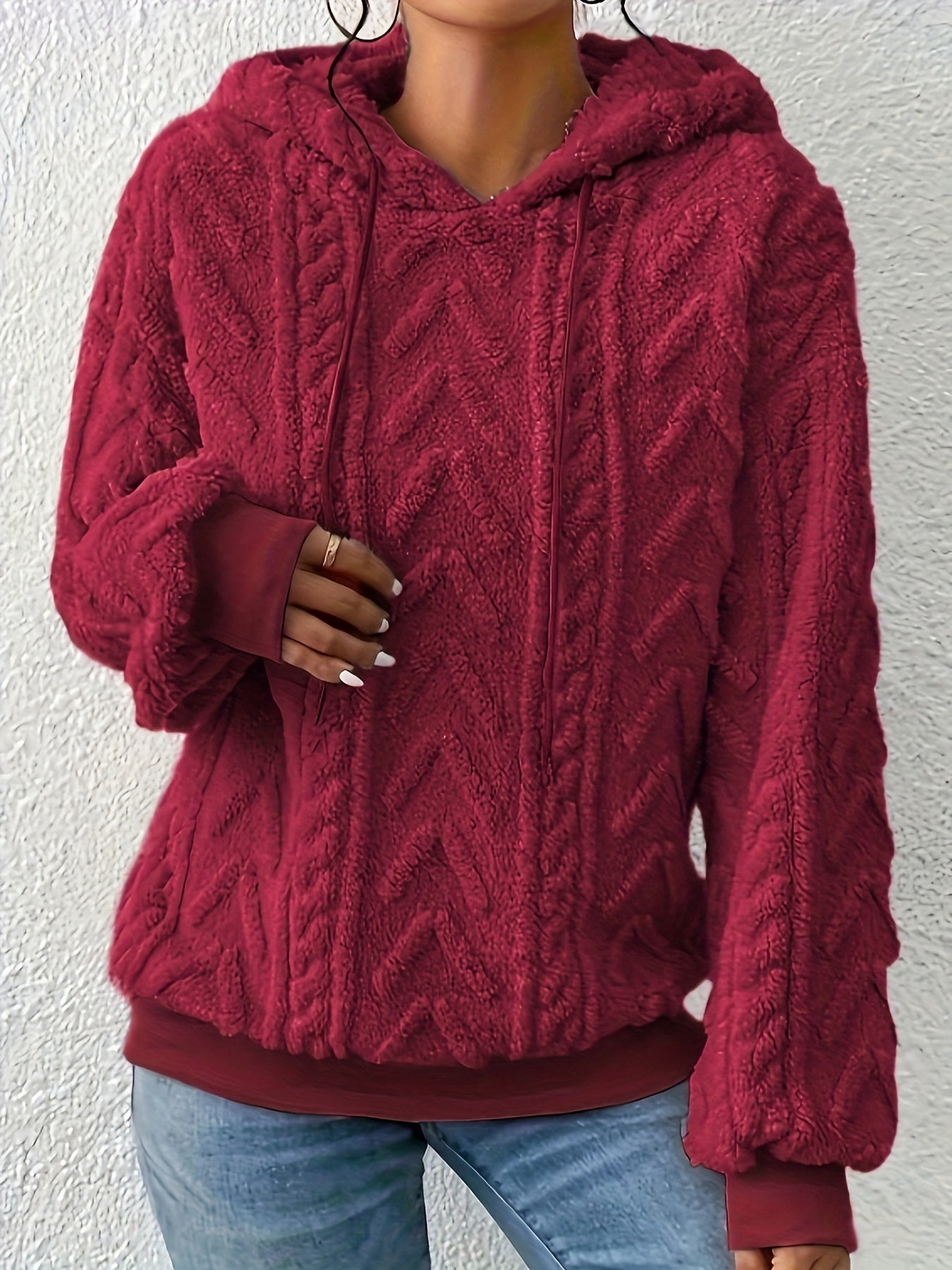 Plus Size Solid Fuzzy Hooded Sweatshirt, Casual Long Sleeve Pullover Sweatshirt, Women's Plus Size Clothing