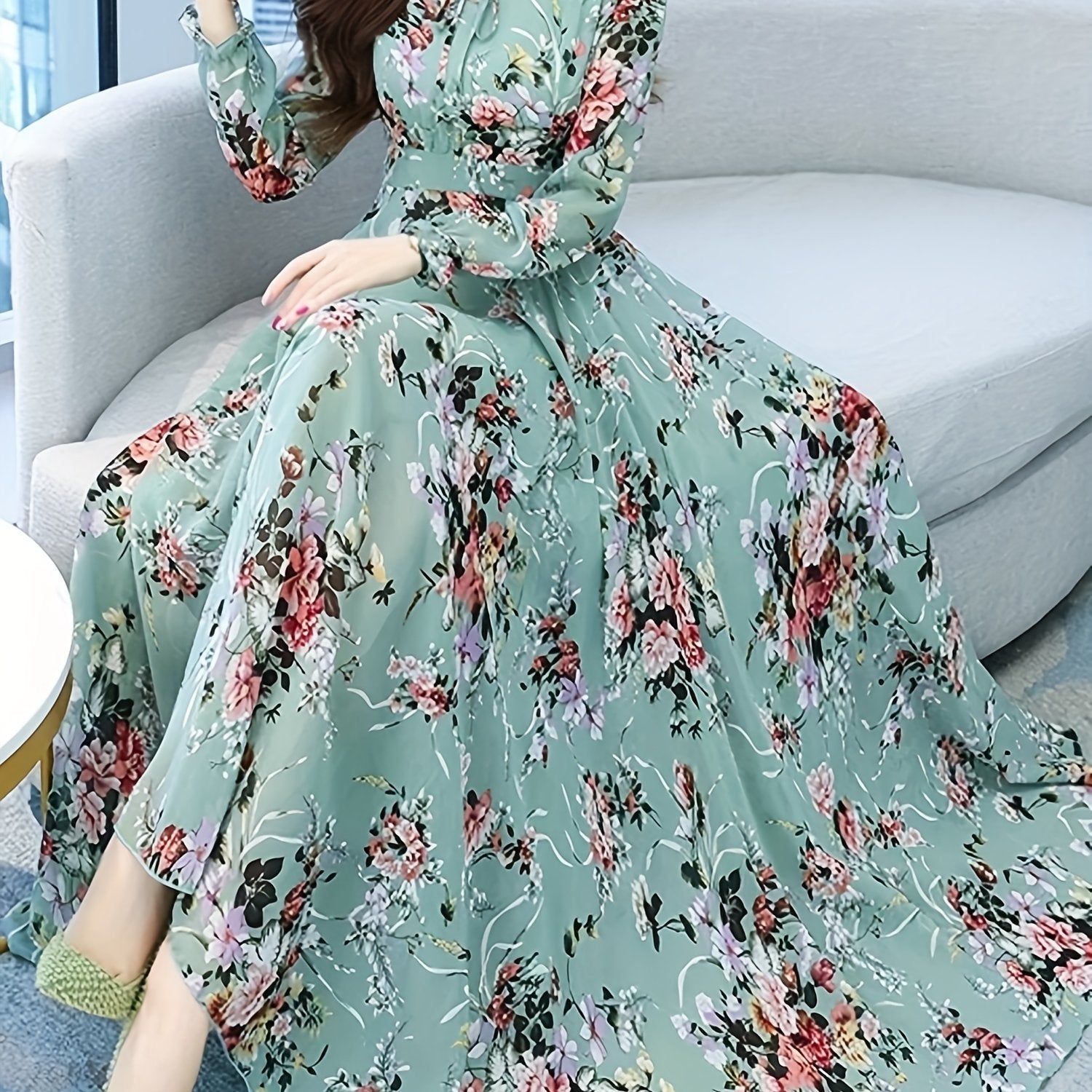 Elegant Floral Maxi Dress for Women - Vintage Long Sleeve, Bohemian Beach Party Gown with V-Neck, Non-Sheer Polyester - For Women - Perfect for Summer Parties, Beach Vacations & Festivals - Ideal Gift for Her