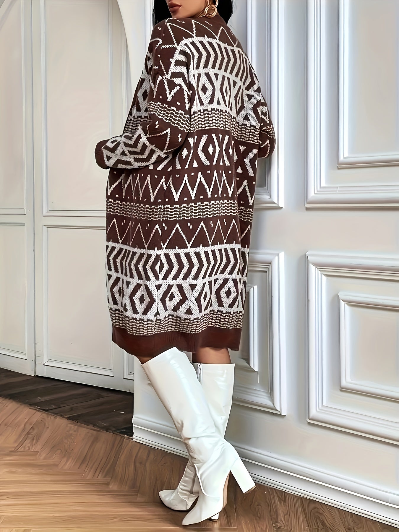 Plus Size Geo Print Open Front Cardigan, Casual Long Sleeve Cardigan For Fall & Winter, Women's Plus Size Clothing