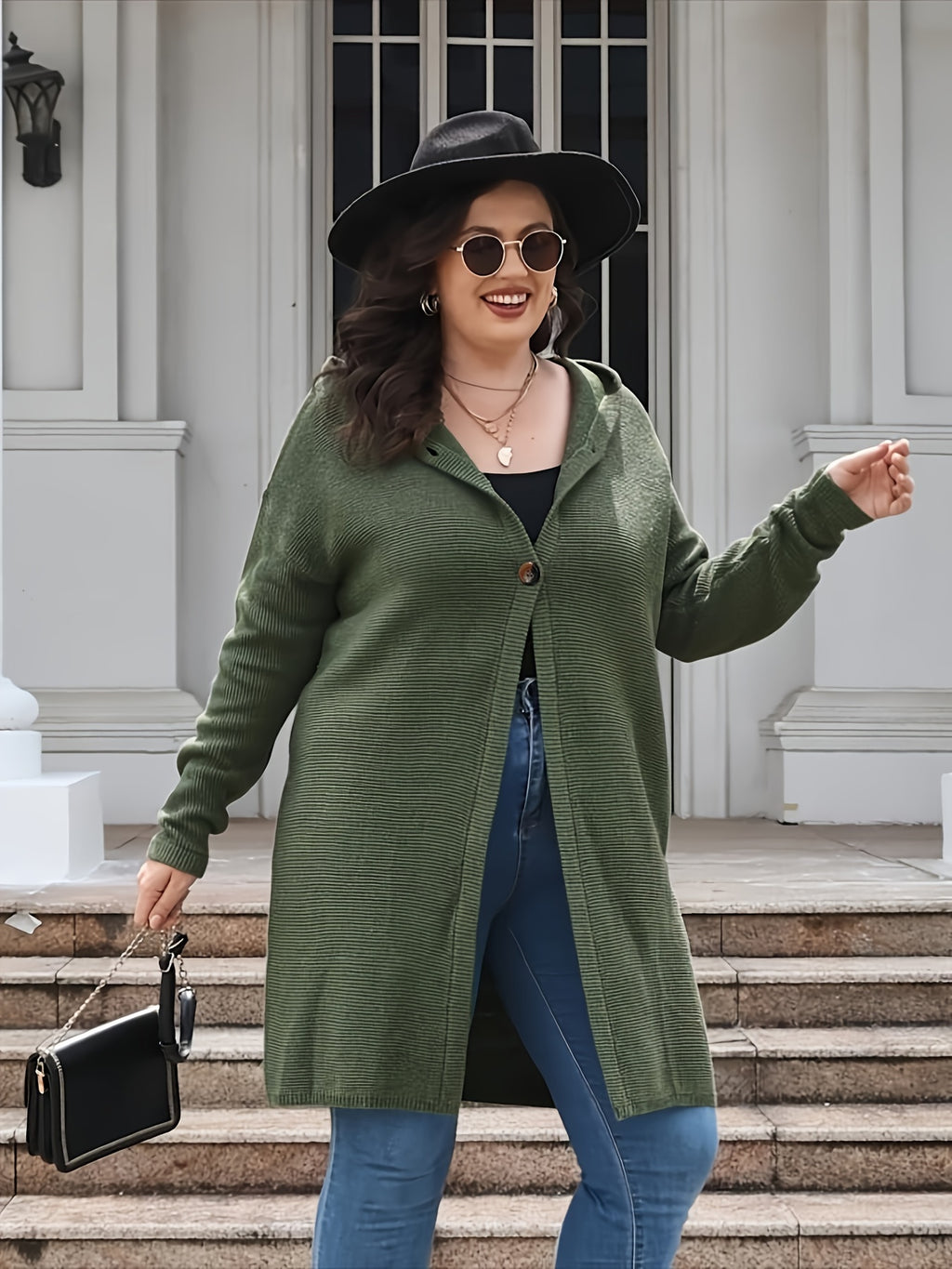 Plus Size Solid Color Hooded Cardigan, Casual Long Sleeve Mid Length Buttons Sweater, Women's Plus Size Clothing
