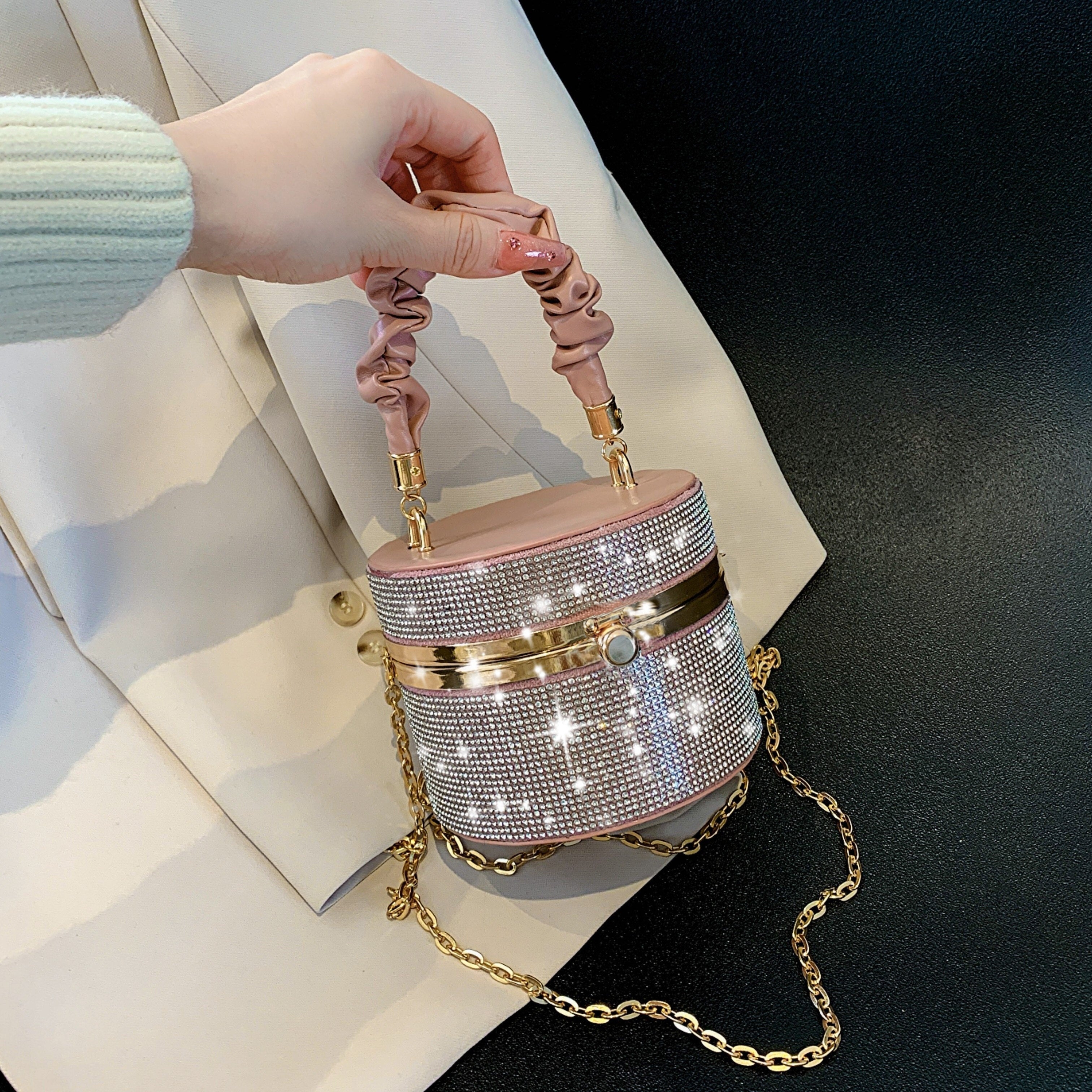 Mini Allover Rhinestone Handbag, Ruched Detail Evening Bucket Bag, Stylish Chain Shoulder Purse For Party (3.9*4.7*4.7) Inch - Rhinestone & Chain Detail - Perfect for Evening Events & Parties - Ideal Gift for Women -  For Car