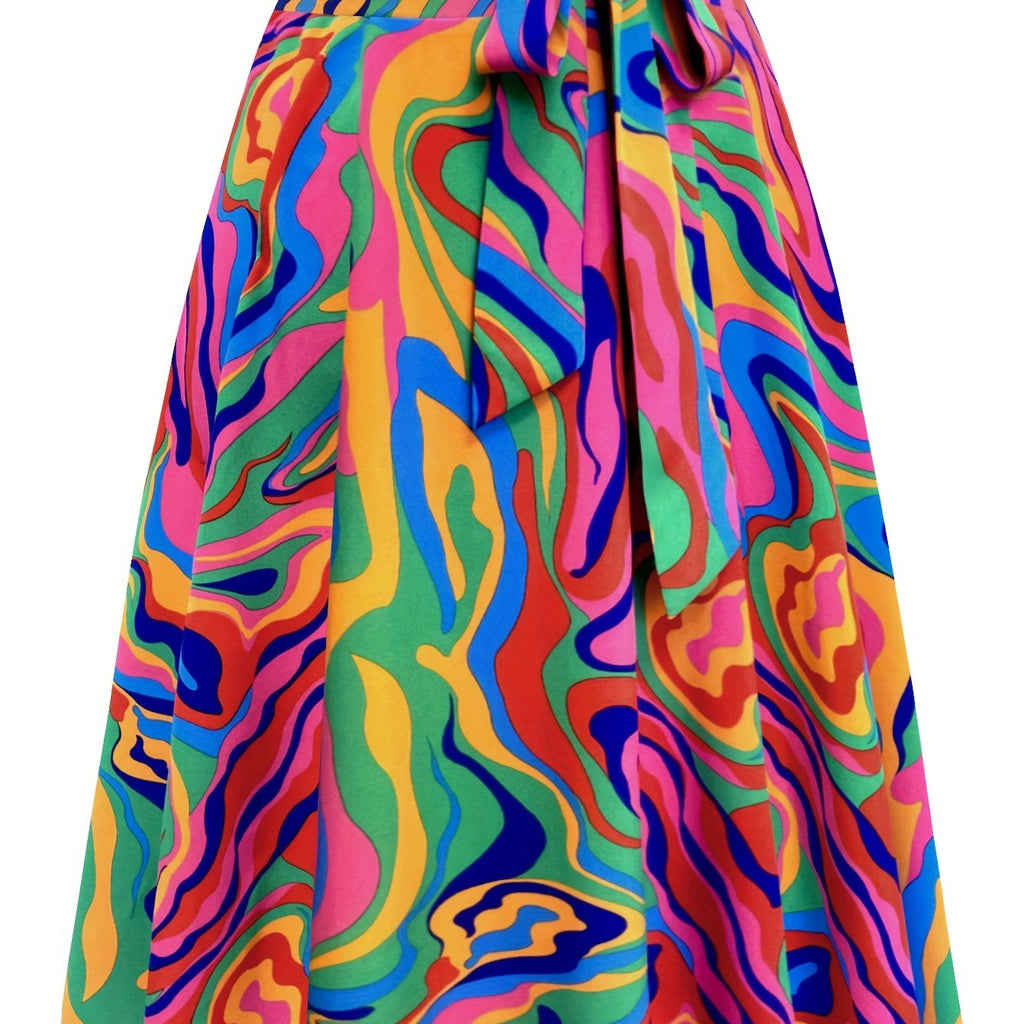 Plus Size Colorful Print Skirt, Casual Tie Waist Midi Skirt, Women's Plus Size Clothing