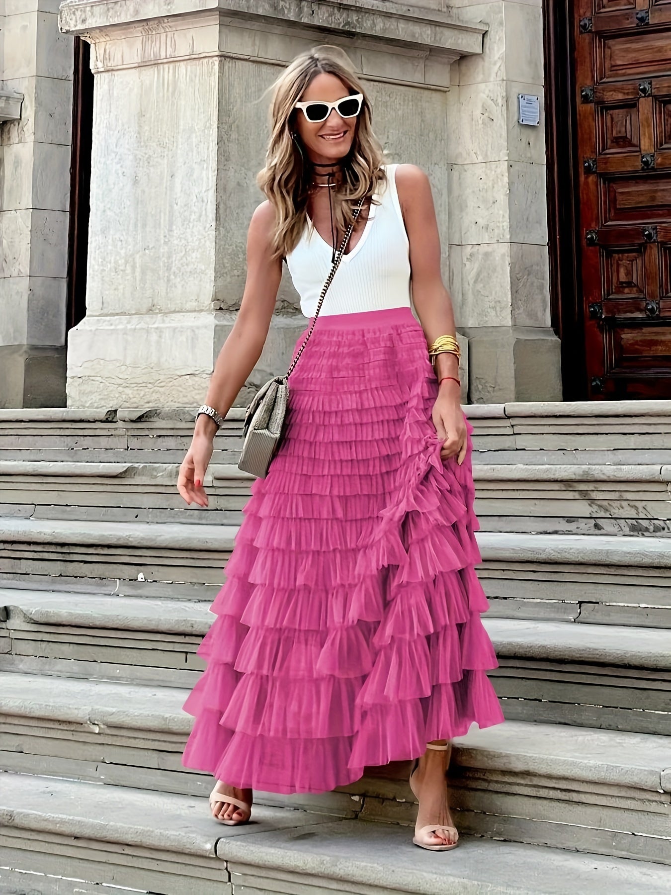 Mesh Layered Hem Skirt, Boho High Waist Skirt, Women's Clothing