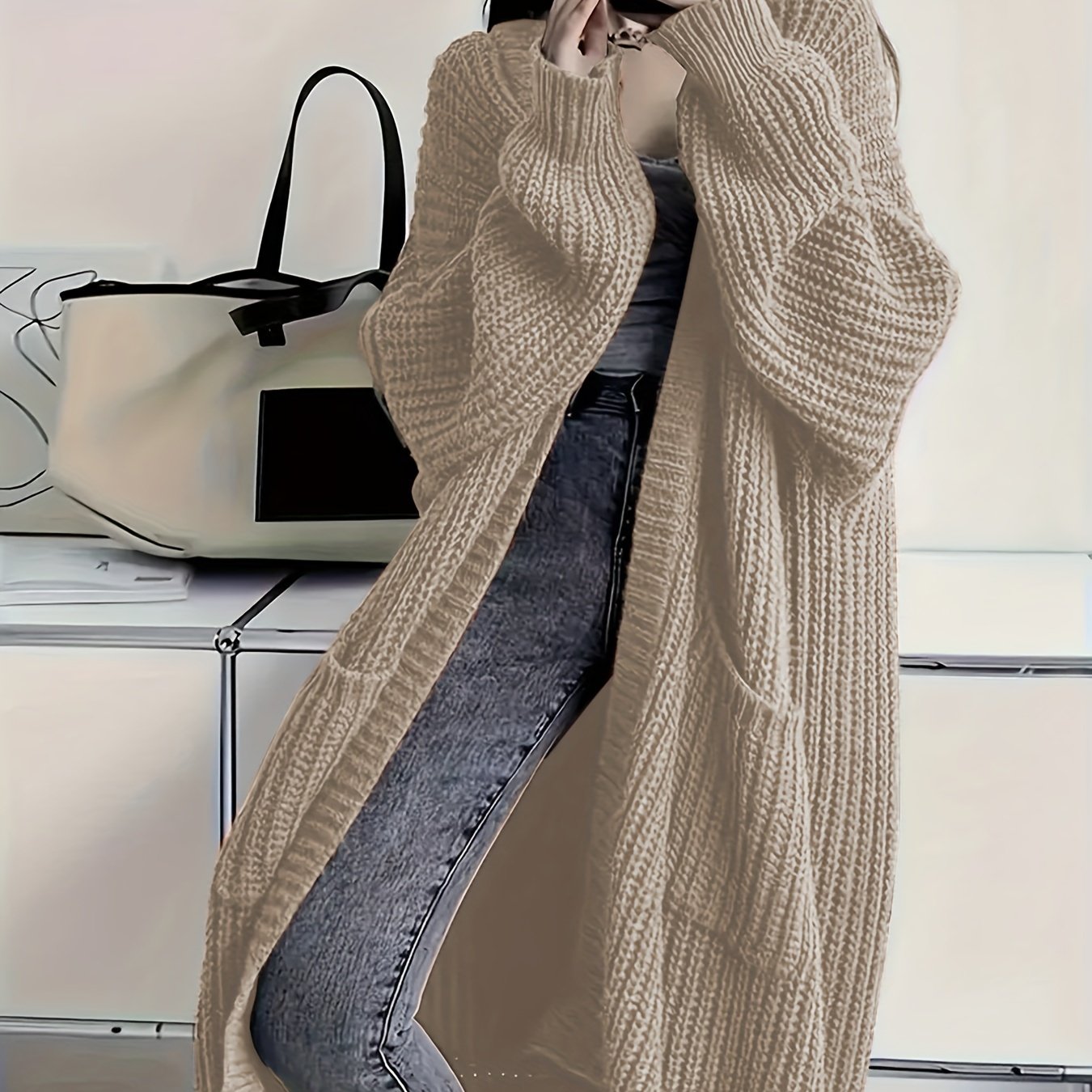 Plus Size Open Front Loose Knit Cardigan, Casual Long Sleeve Long Length Cardigan With Pocket, Women's Plus Size Clothing