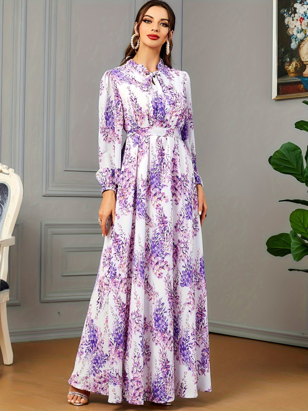 Ramadan Chic - Floral Print Tie Neck Kaftan Abayas - Adjustable Belted Maxi Dress with Full-Length Sleeves - Elegant Womens Ramadan Clothing