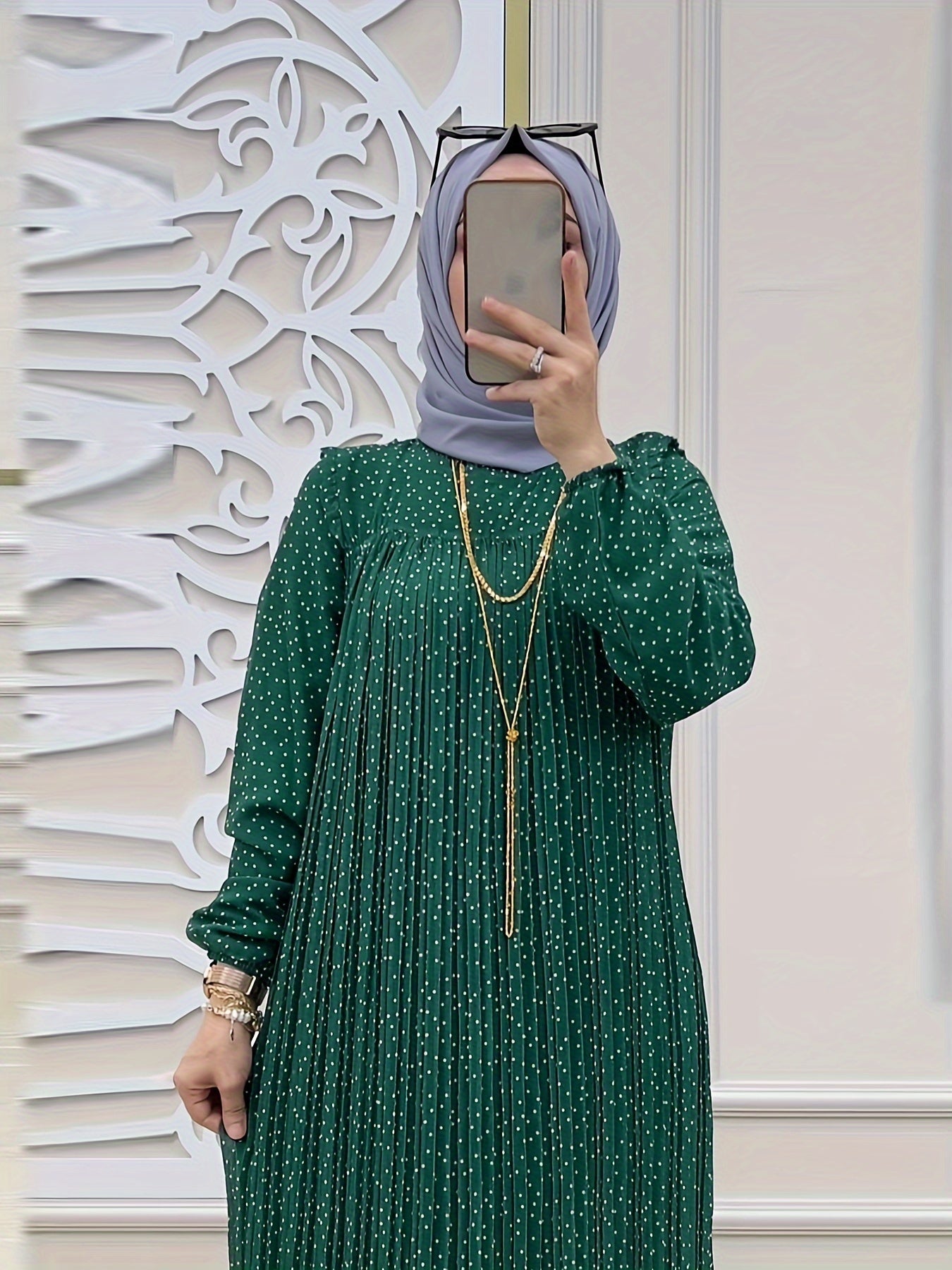 Stunning Polka Dot Maxi Dress - Elegant Crew Neck, Long Sleeve, Ruffle Hem, Keyhole Back, Modest, Polyester, Woven, Random Print, Middle East Style, All Seasons, Non-Sheer
