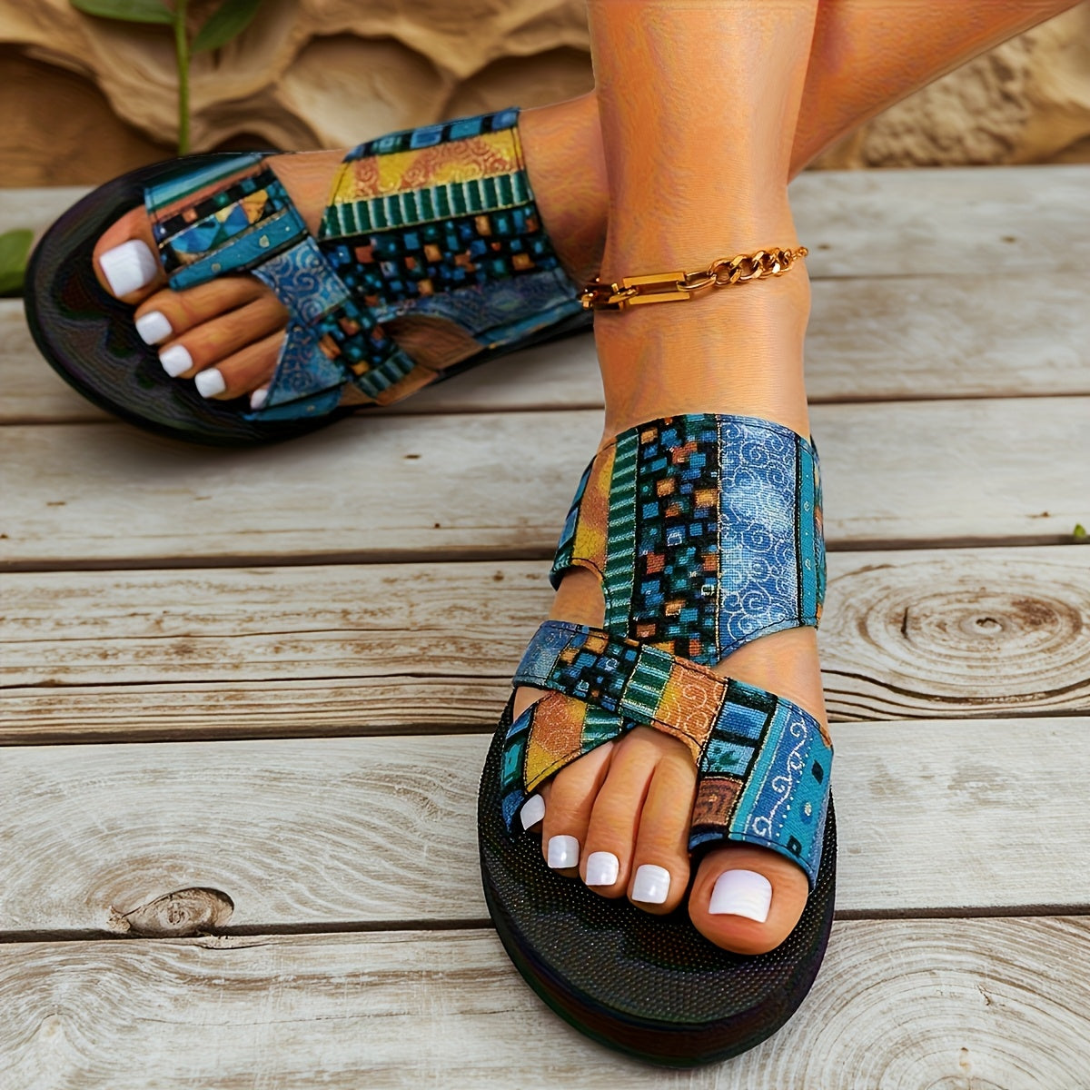 Women's Bohemian - Turquoise/Orange/Brown/Beige/Black/Golden Multi-Color Strap djustable Crossover Strap with Cushioned PU Insole & Non-Slip Rubber Sole - Breathable Open-Toe Summer Beach Slippers for Casual, Festival & Boho
