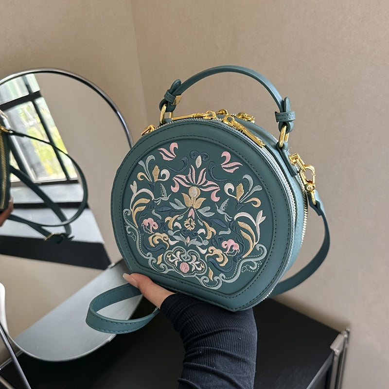 Elegant Floral Embroidered Crossbody Bag - Chic Faux Leather Shoulder Purse with Golden-Tone Hardware, Zip Closure, and Polyester Lining - Handwash/Dry Clean, Multicolor