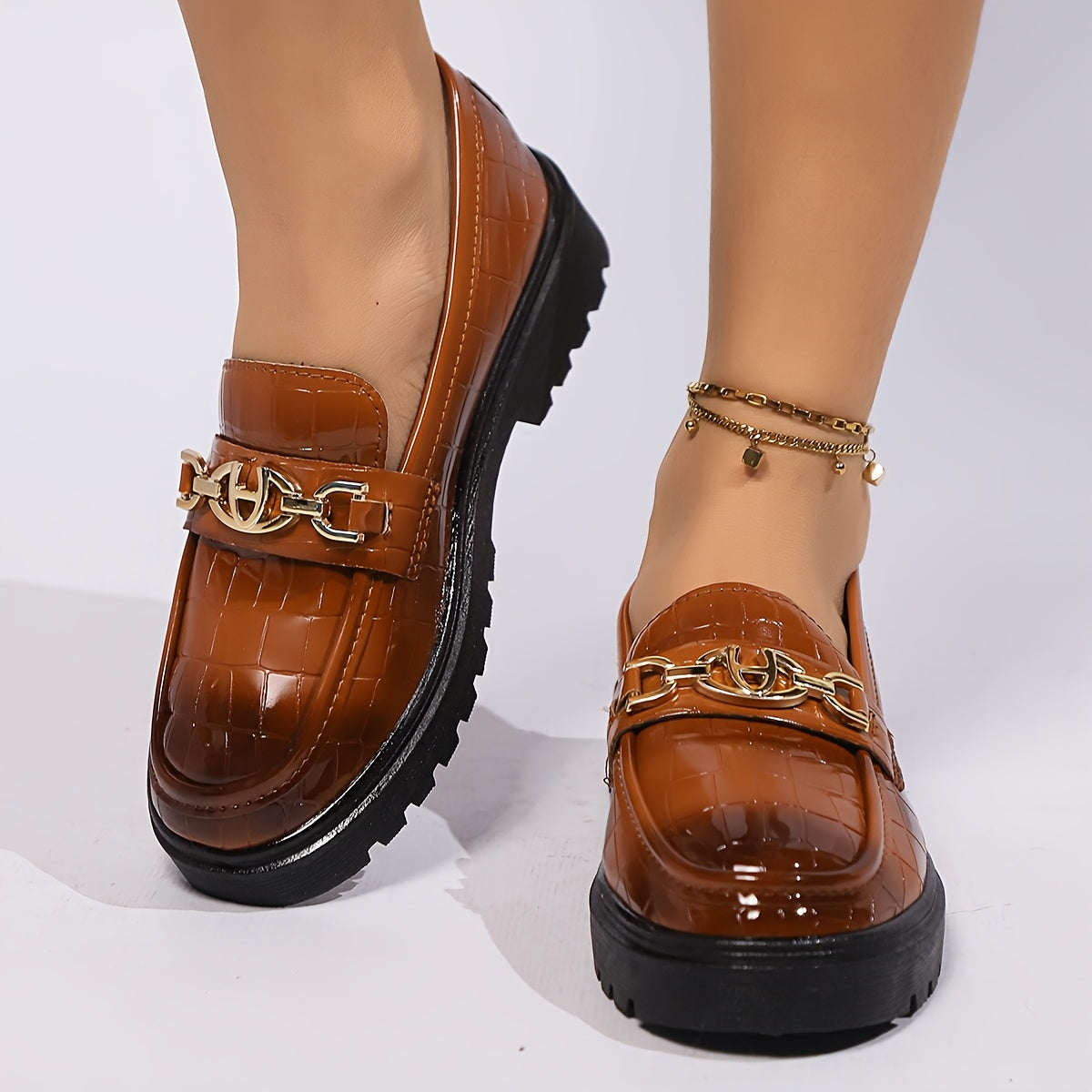 Women'S Slip-On Loafers with Thick Cushioned Sole - Soft Rubber Outsole, Round Toe & Geometric Buckle Detail, Synthetic Cover Upper, All-Season Comfort for Casual & Formal Wear, Ladies Shoes, Flat Shoes For Women, Loafers For