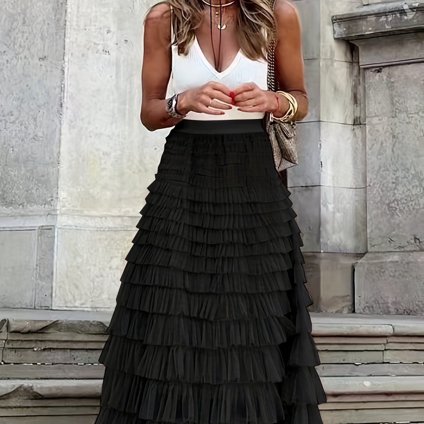 Mesh Layered Hem Skirt, Boho High Waist Skirt, Women's Clothing