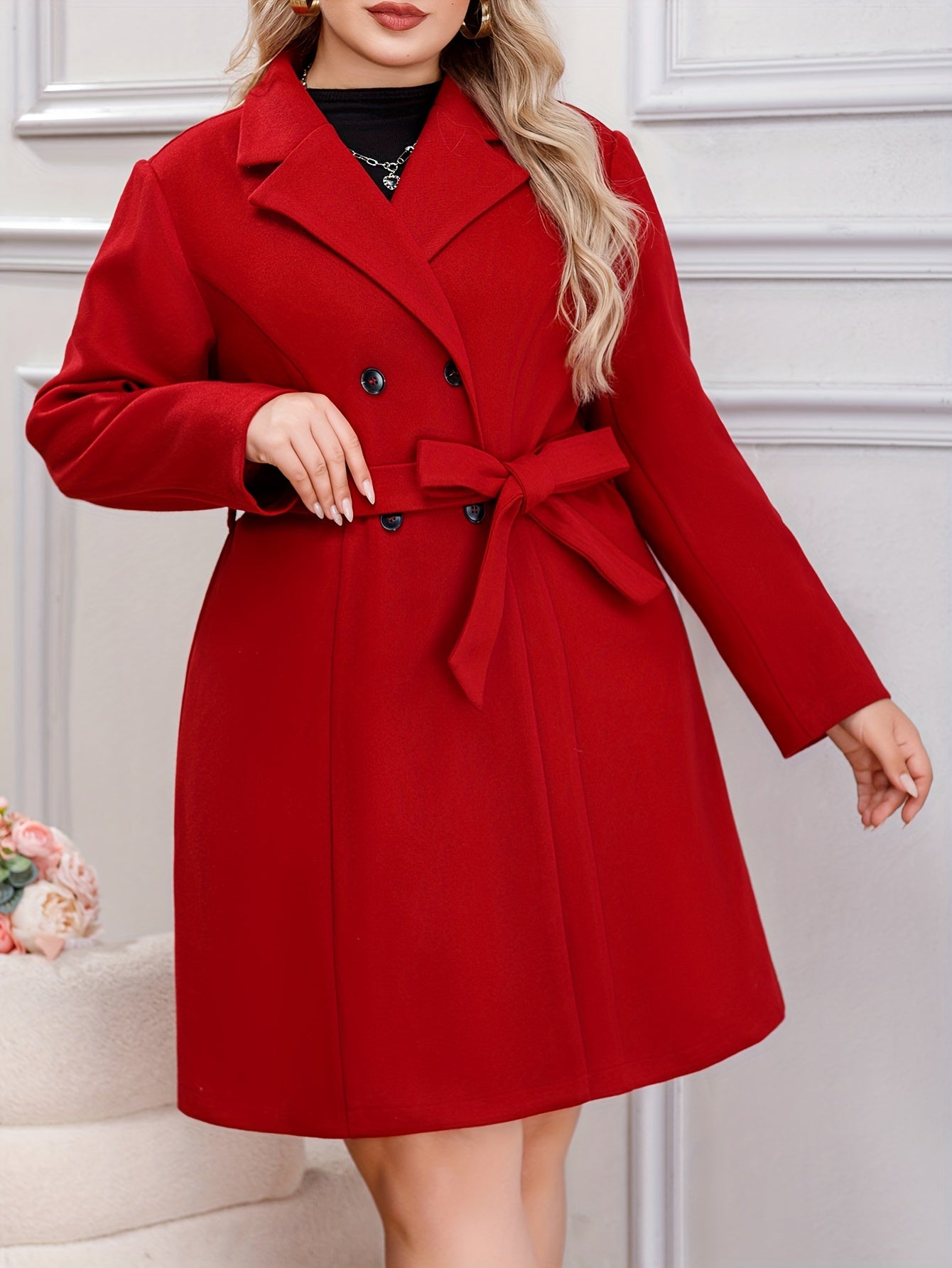 Plus Size Solid Color Double Breasted Overcoat, Elegant Lapel Neck Long Sleeve Outerwear For Fall & Winter, Women's Plus Size Clothing