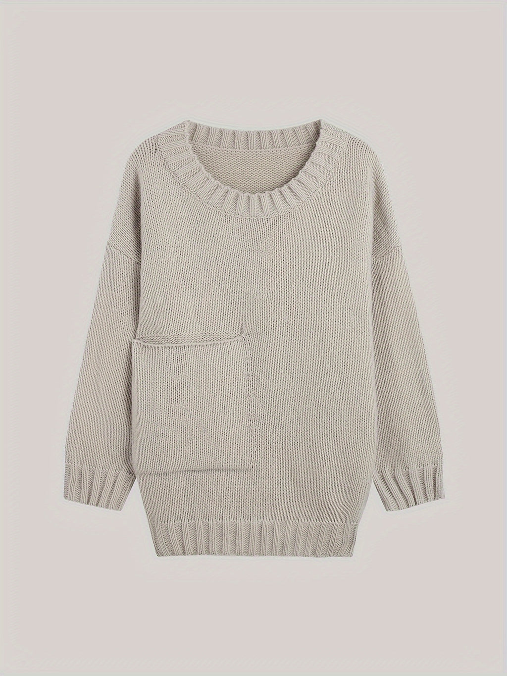 Plus Size Solid Pocket Sweater, Casual Long Sleeve Crew Neck Sweater For Fall & Winter, Women's Plus Size Clothing