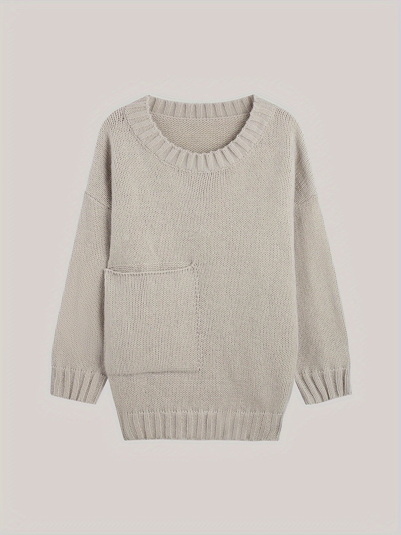 Plus Size Solid Pocket Sweater, Casual Long Sleeve Crew Neck Sweater For Fall & Winter, Women's Plus Size Clothing