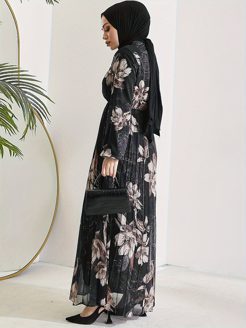 [Modest Kaftan Dress] Modest Long Sleeve Floral Print Kaftan Dress | Women's Pleated Flowy Maxi Dress, Clothing