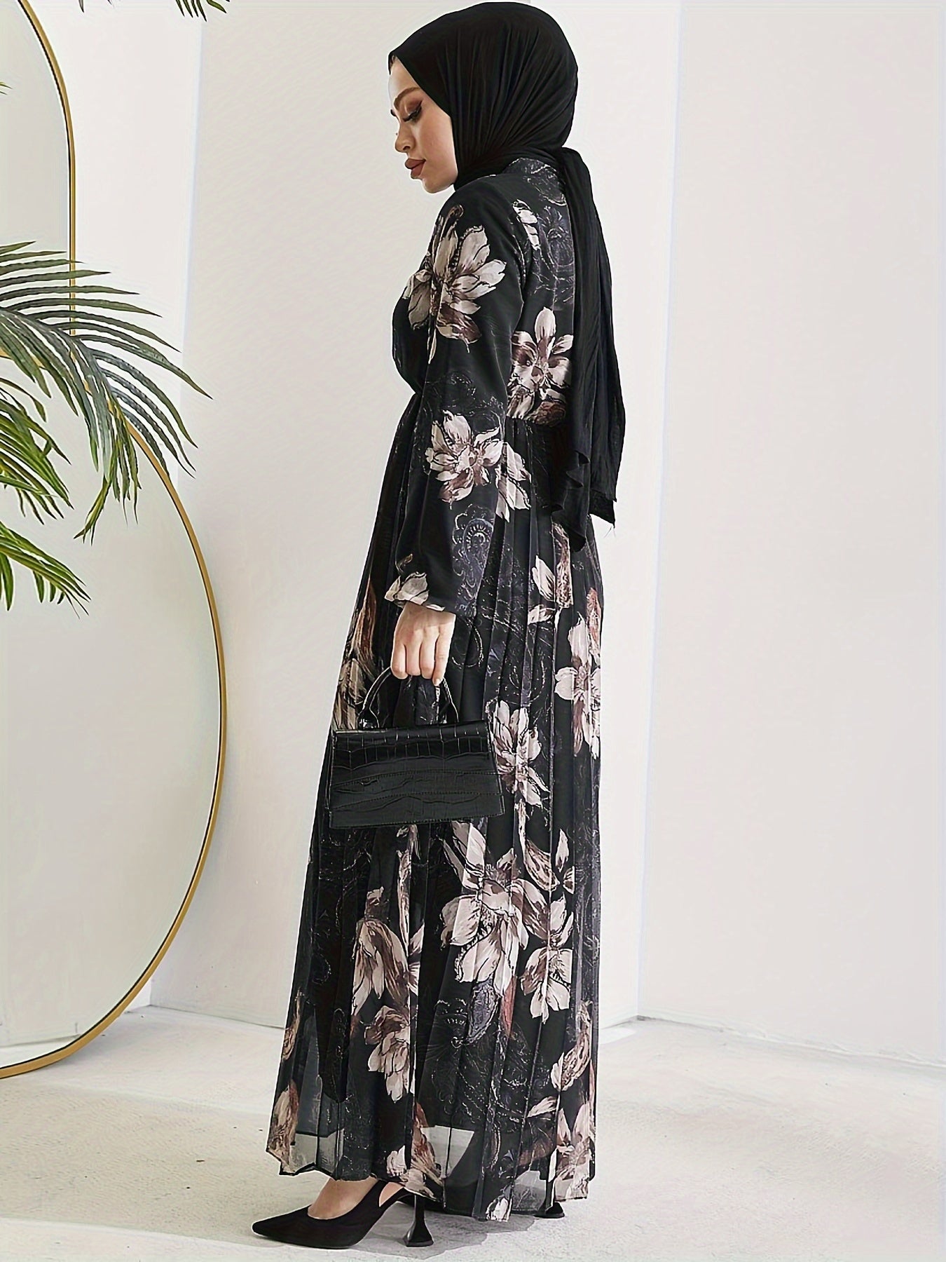 [Modest Kaftan Dress] Modest Long Sleeve Floral Print Kaftan Dress | Women's Pleated Flowy Maxi Dress, Clothing