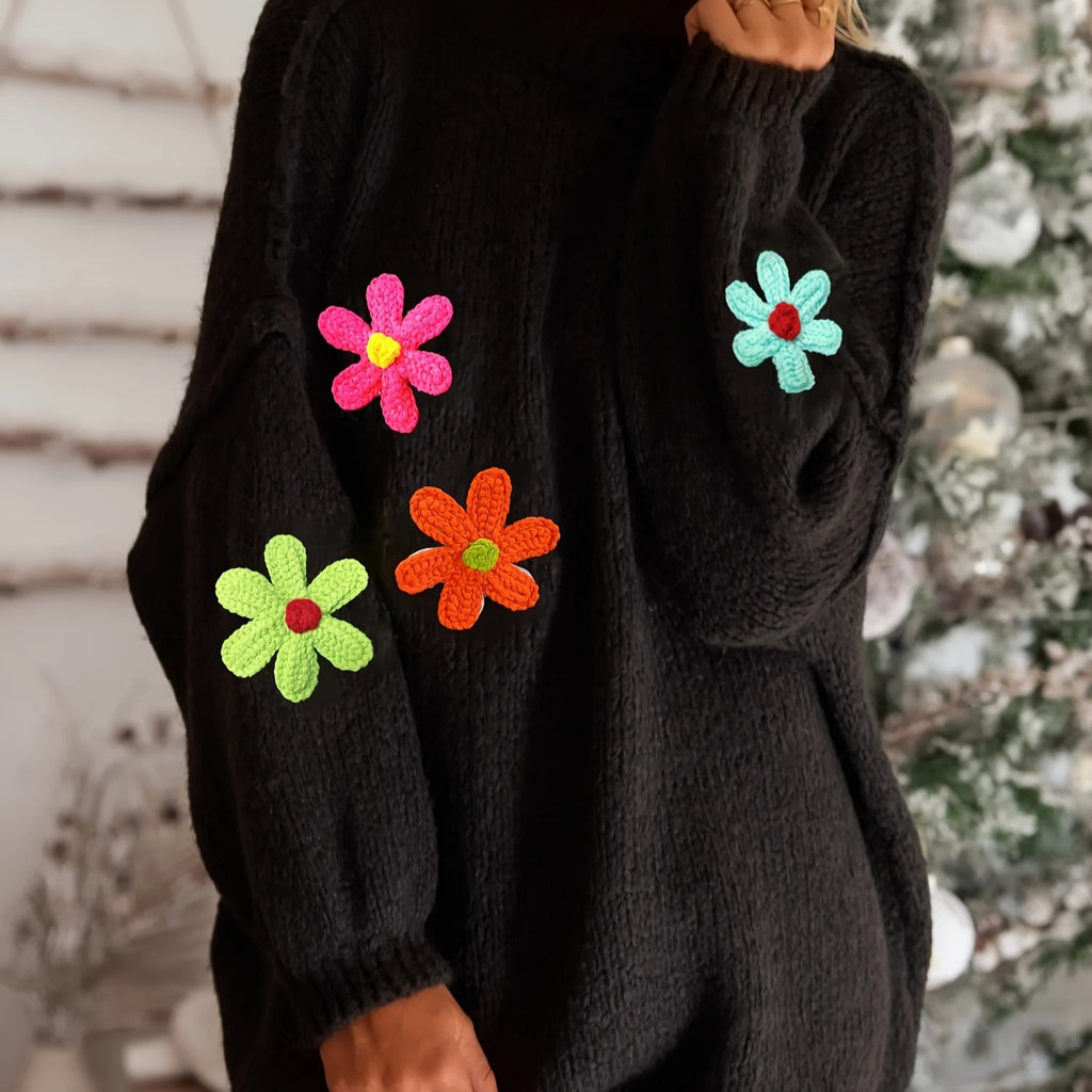 Plus Size Floral Applique Knit Sweater, Casual Long Sleeve High Neck Top For Fall & Winter, Women's Plus Size Clothing