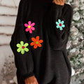 Plus Size Floral Applique Knit Sweater, Casual Long Sleeve High Neck Top For Fall & Winter, Women's Plus Size Clothing