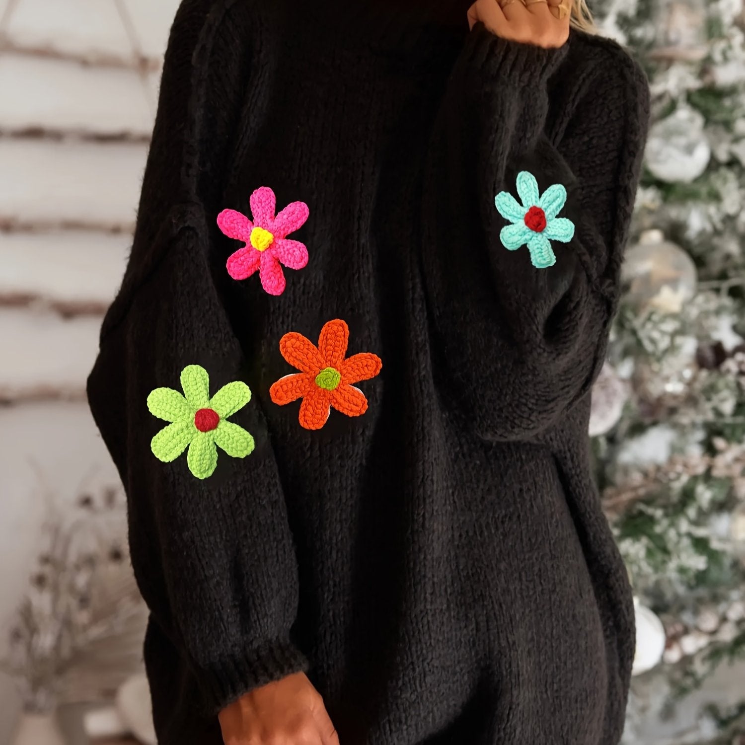 Plus Size Floral Applique Knit Sweater, Casual Long Sleeve High Neck Top For Fall & Winter, Women's Plus Size Clothing
