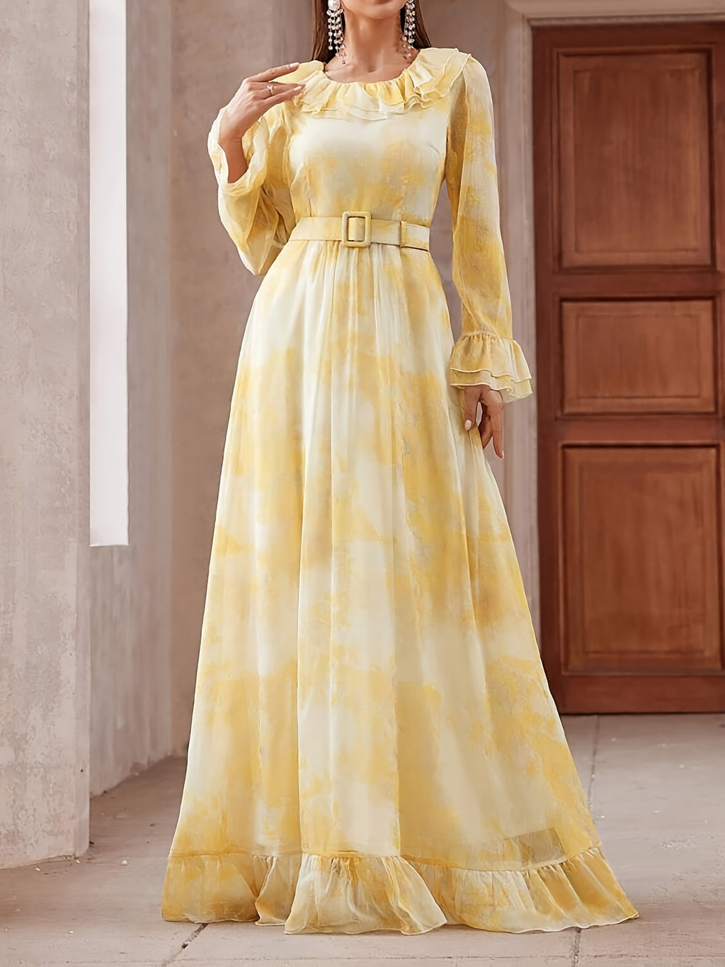 Elegant Long Sleeve Ruffle Hem Swing Maxi Dress for Women, Perfect for Spring & Fall, Flowy and Chic