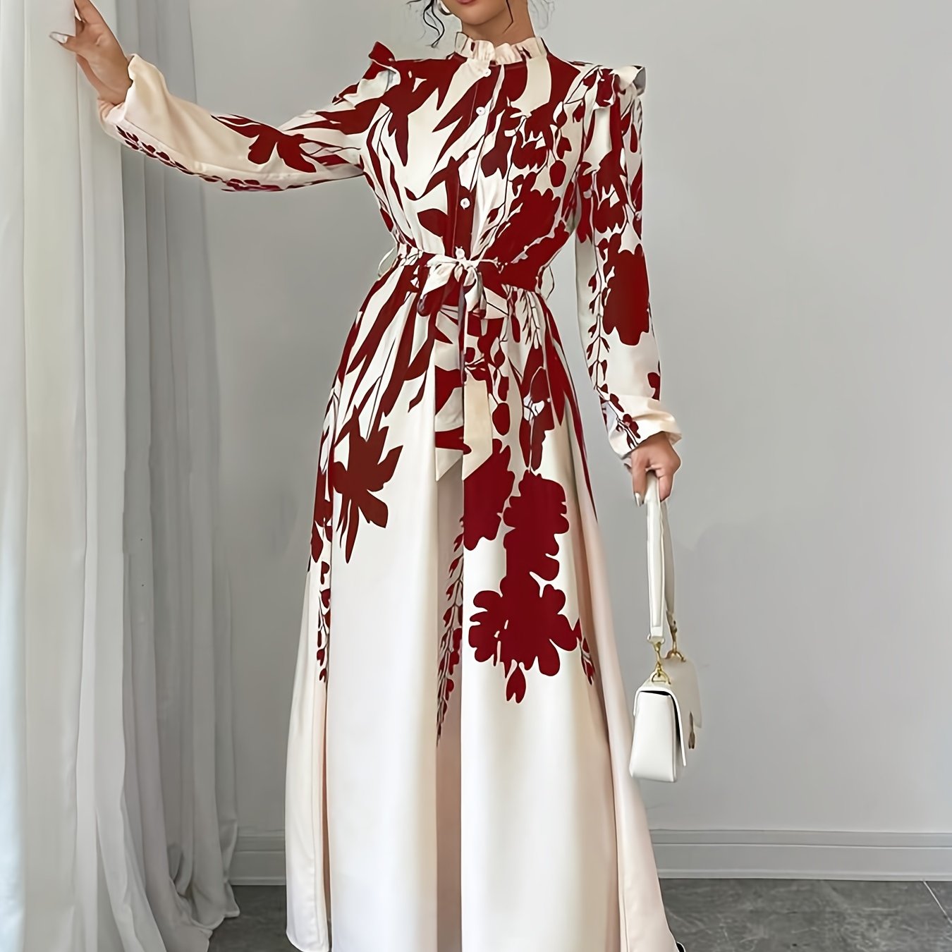 Elegant Floral Print Long Sleeve Dress with Stand Collar and Waist Detail, Polyester A-Line Maxi Dress, with Lantern Sleeves and Ruffle Hem, for Spring/Fall