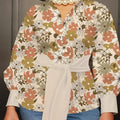 Plus Size Floral Print Button Front Shirt, Elegant Long Sleeve Tie Waist Shirt For Spring & Fall, Women's Plus Size Clothing