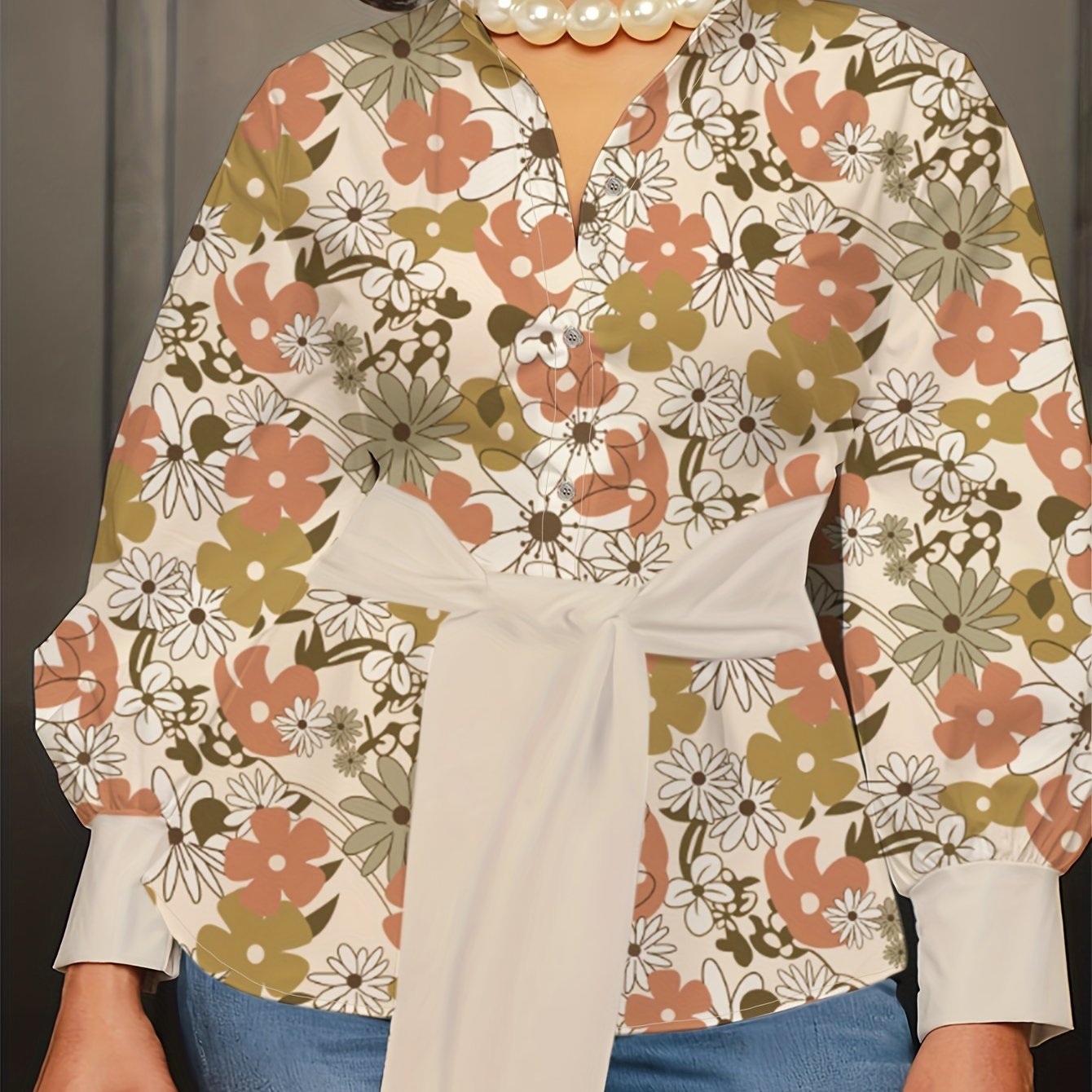 Plus Size Floral Print Button Front Shirt, Elegant Long Sleeve Tie Waist Shirt For Spring & Fall, Women's Plus Size Clothing