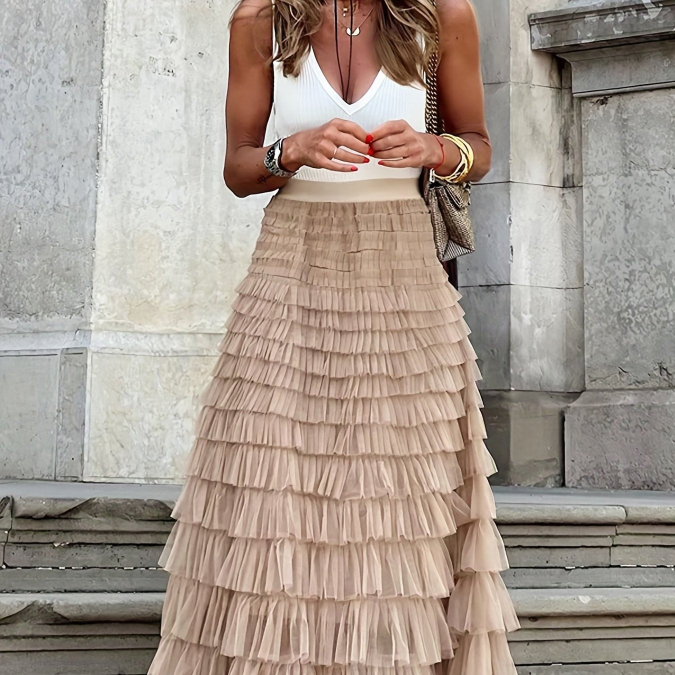 Mesh Layered Hem Skirt, Boho High Waist Skirt, Women's Clothing
