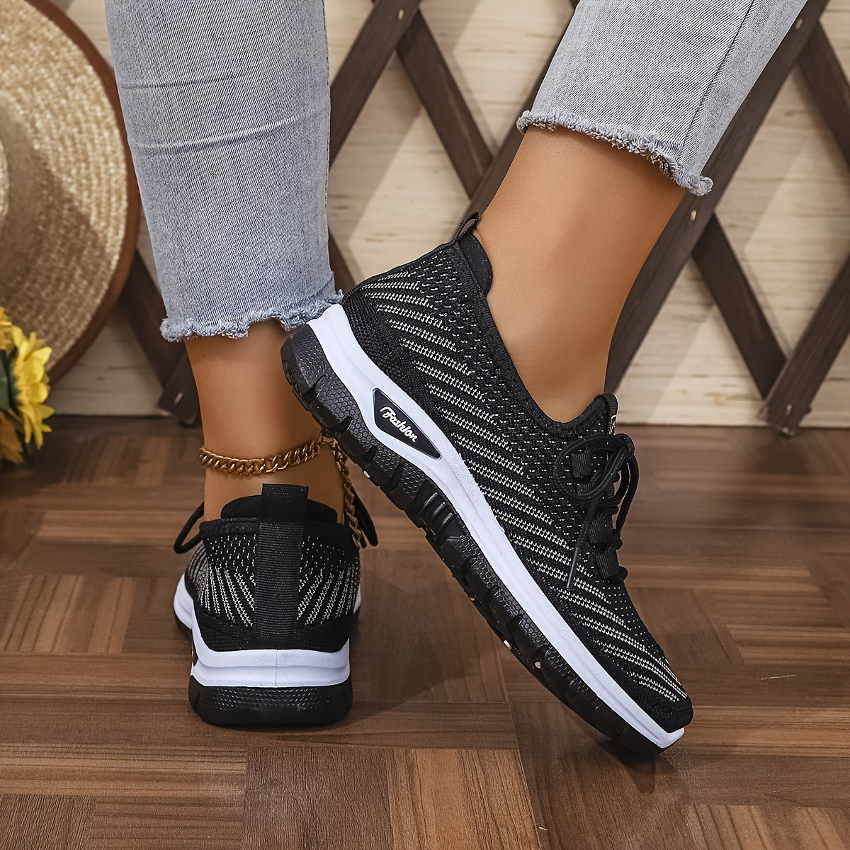 Women'S Breathable Casual Sports Shoes, Knitted Striped Pattern Lace-Up Comfortable Travel Sneakers, Outdoor Anti-Slip Lightweight Walking Beach Vacation Tennis Shoes, Women'S Sneaker, High Cut Shoe Without Lace, Aerobics Dan