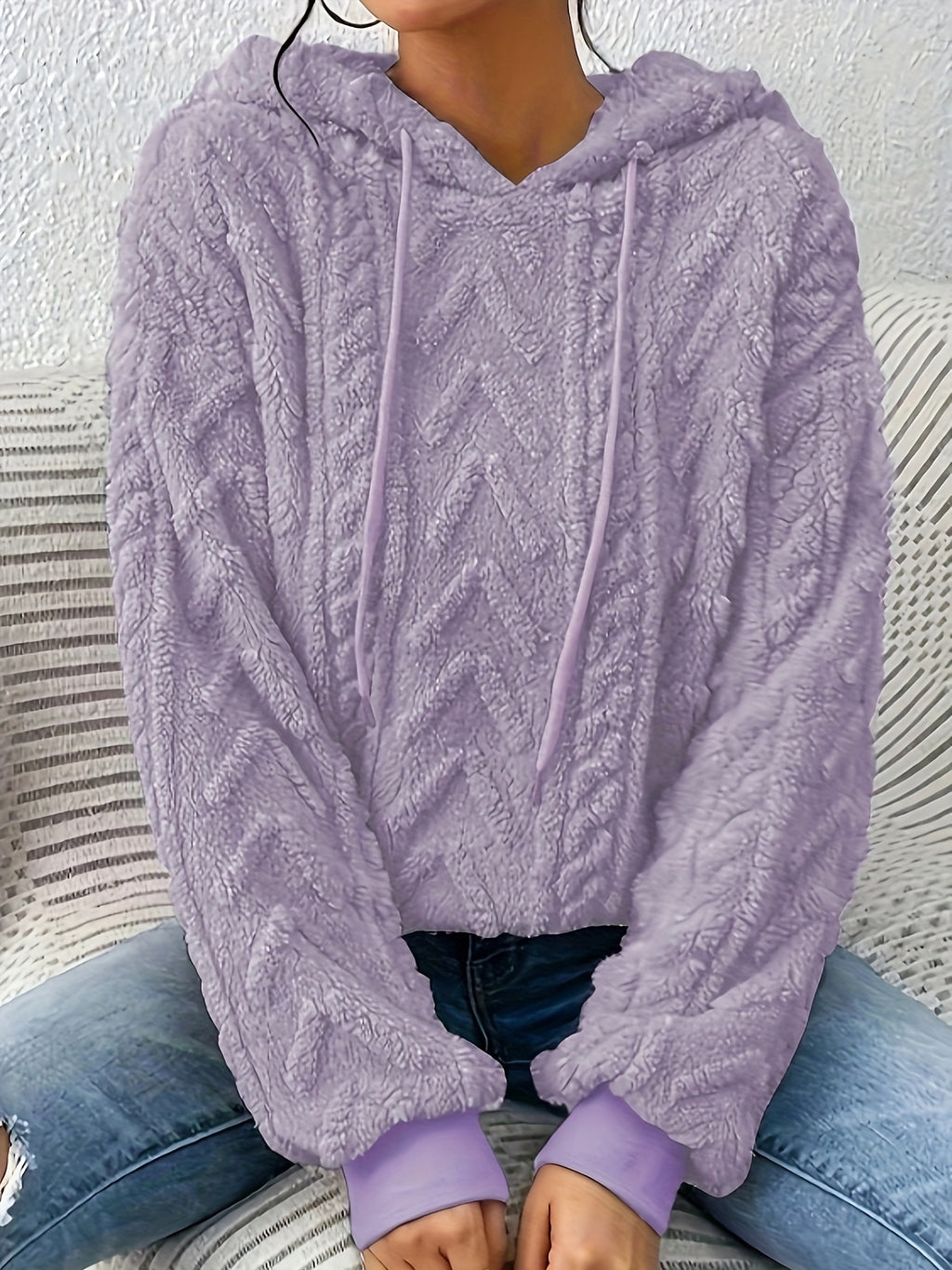 Plus Size Solid Fuzzy Hooded Sweatshirt, Casual Long Sleeve Pullover Sweatshirt, Women's Plus Size Clothing