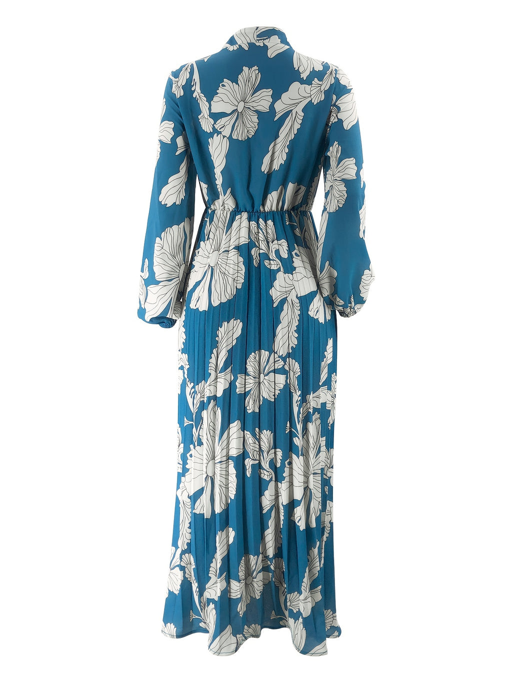 [Popular Choice] Elegant Pleated Maxi Dress with Floral Print - Casual Long Sleeve, Crew Neck, Machine Washable - Polyester & Spandex Blend, Middle Eastern Muslim Print