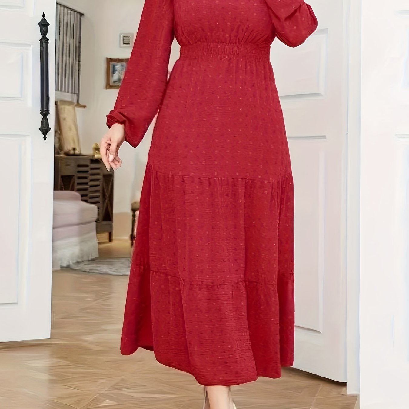High Waist Tiered Dress, Elegant Solid Long Sleeve Maxi Dress, Women's Clothing