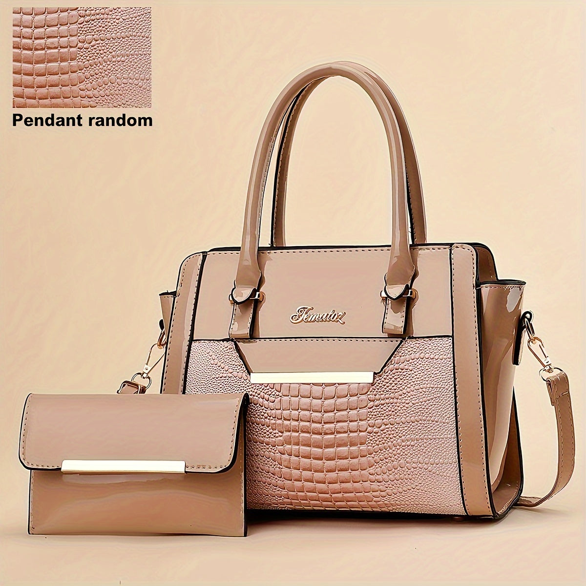 2Pcs Stylish Crocodile Print Womens Bag Set - Fashion Tote & Coin Purse - Solid Colors, Multi-layer Design for Organized Commuting
