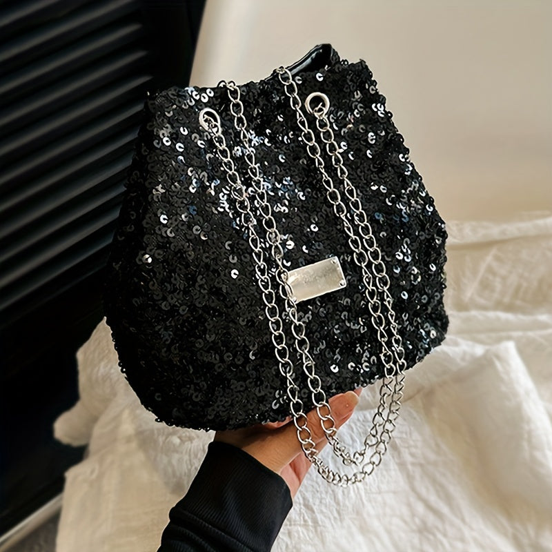 Fashion Sequins Popular Niche Design Sequin Bags Creative And Simple New Women's Bags Personality Chain Shoulder Diagonal Cross-body Bucket Bags Creative Sequin Simple Bags