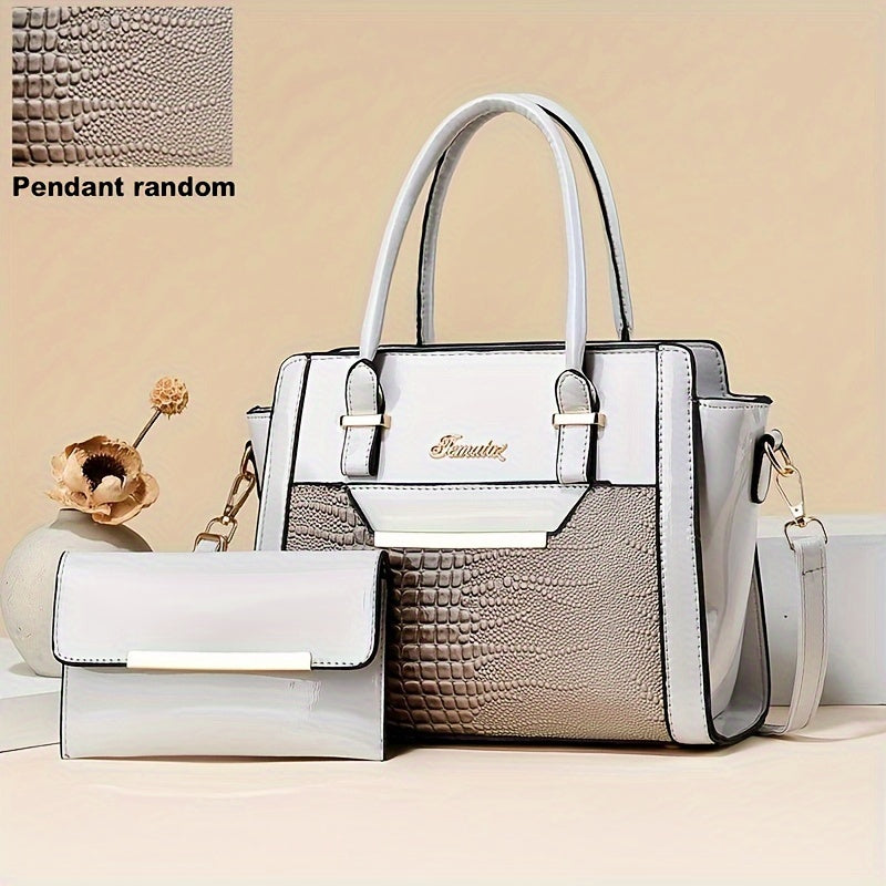 2Pcs Stylish Crocodile Print Womens Bag Set - Fashion Tote & Coin Purse - Solid Colors, Multi-layer Design for Organized Commuting