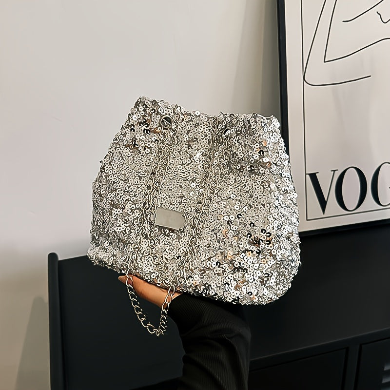 Fashion Sequins Popular Niche Design Sequin Bags Creative And Simple New Women's Bags Personality Chain Shoulder Diagonal Cross-body Bucket Bags Creative Sequin Simple Bags