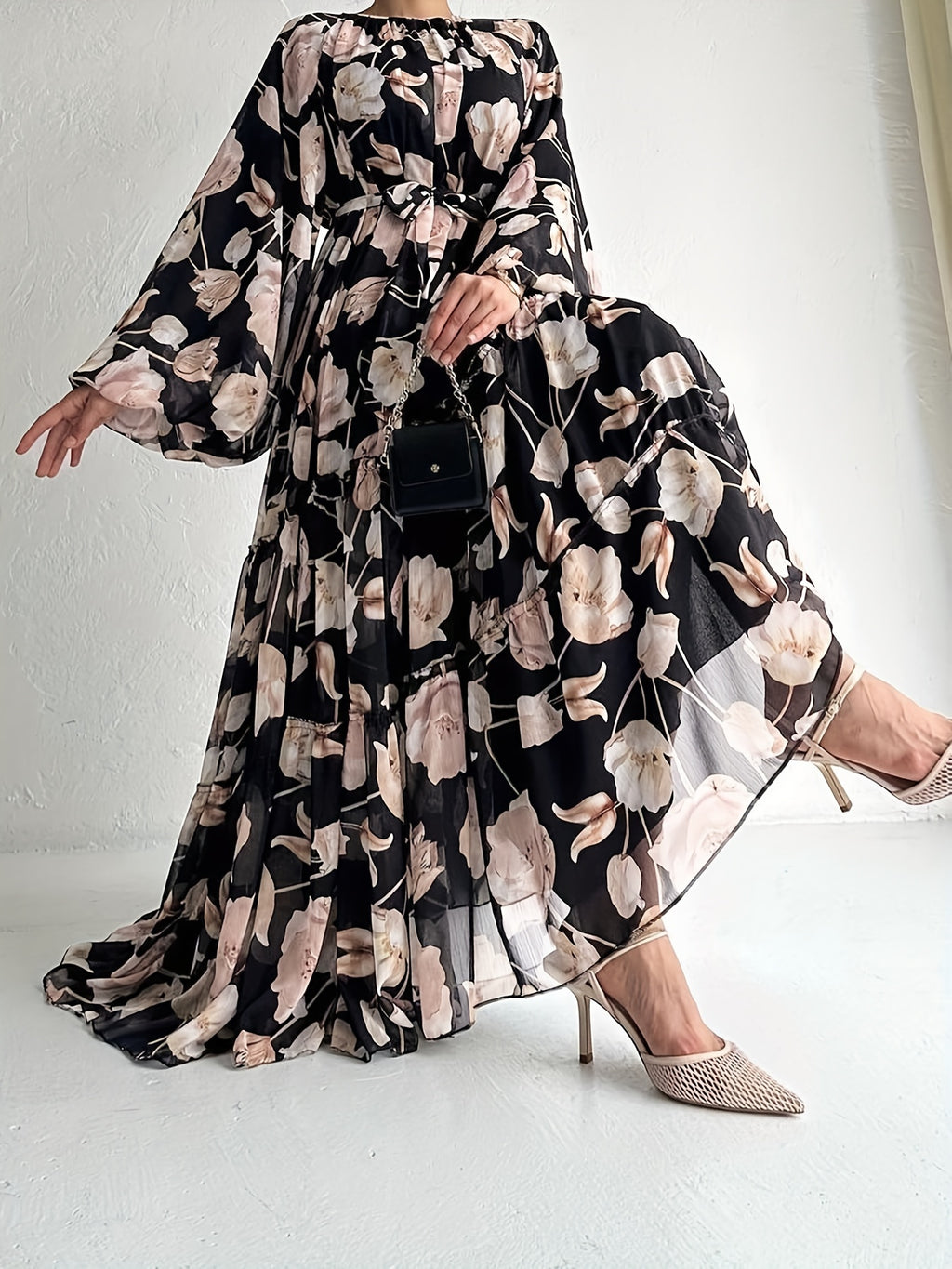 Flawless Floral Print Kaftan Maxi Dress - Flowy Crew Neck, Belted Waist, Luxurious Long Sleeves - A Stylish & Elegant Womens Clothing Choice for All Seasons