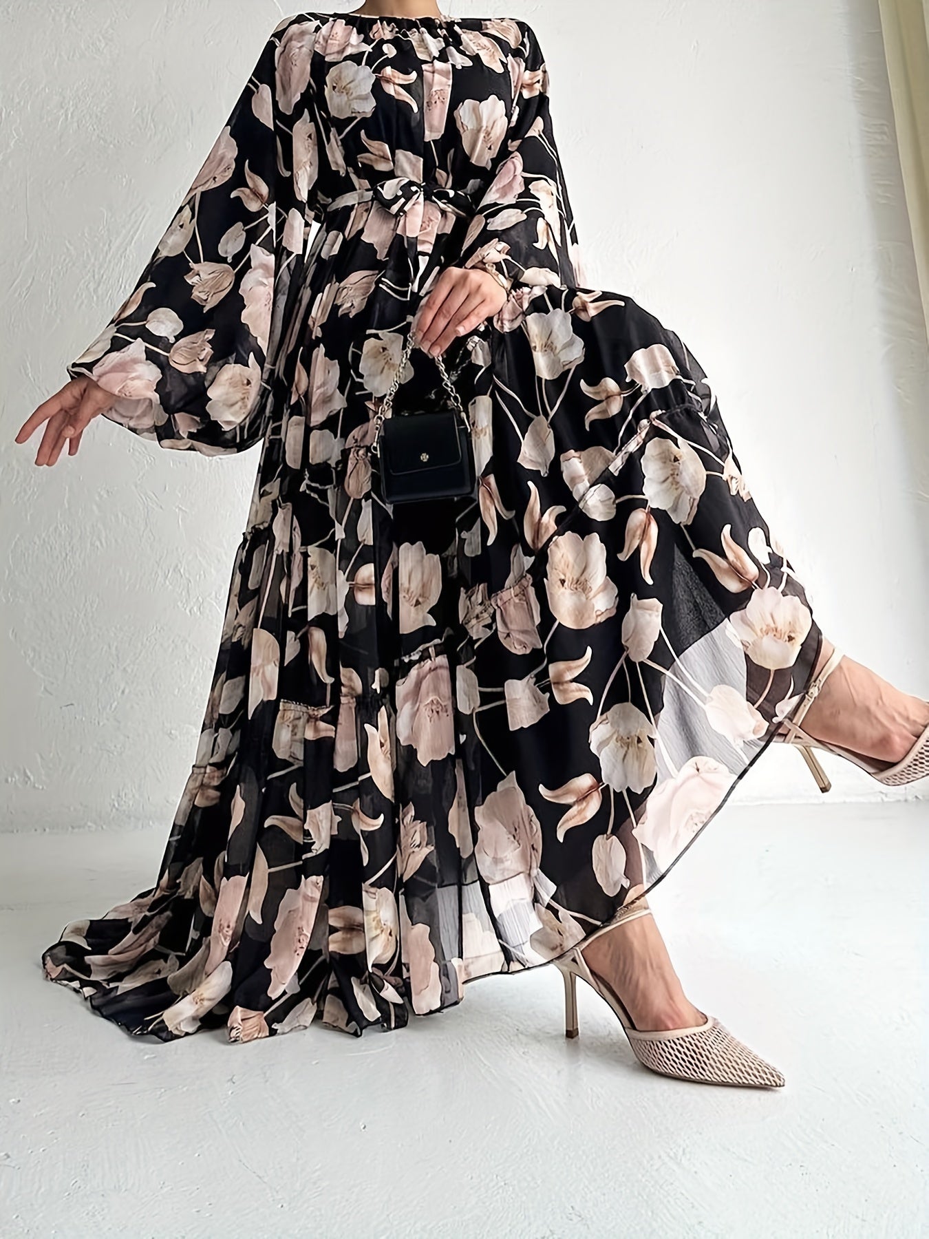 Flawless Floral Print Kaftan Maxi Dress - Flowy Crew Neck, Belted Waist, Luxurious Long Sleeves - A Stylish & Elegant Womens Clothing Choice for All Seasons