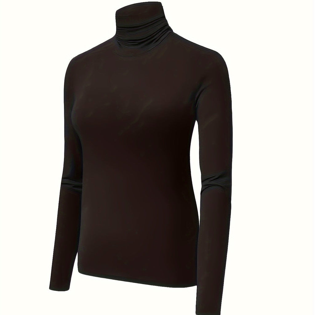 Plus Size Solid Turtleneck Long Sleeve Slim Fit Casual T-Shirt - Women's Plus Size Clothing, Comfortable and Versatile, Perfect for Daily Wear