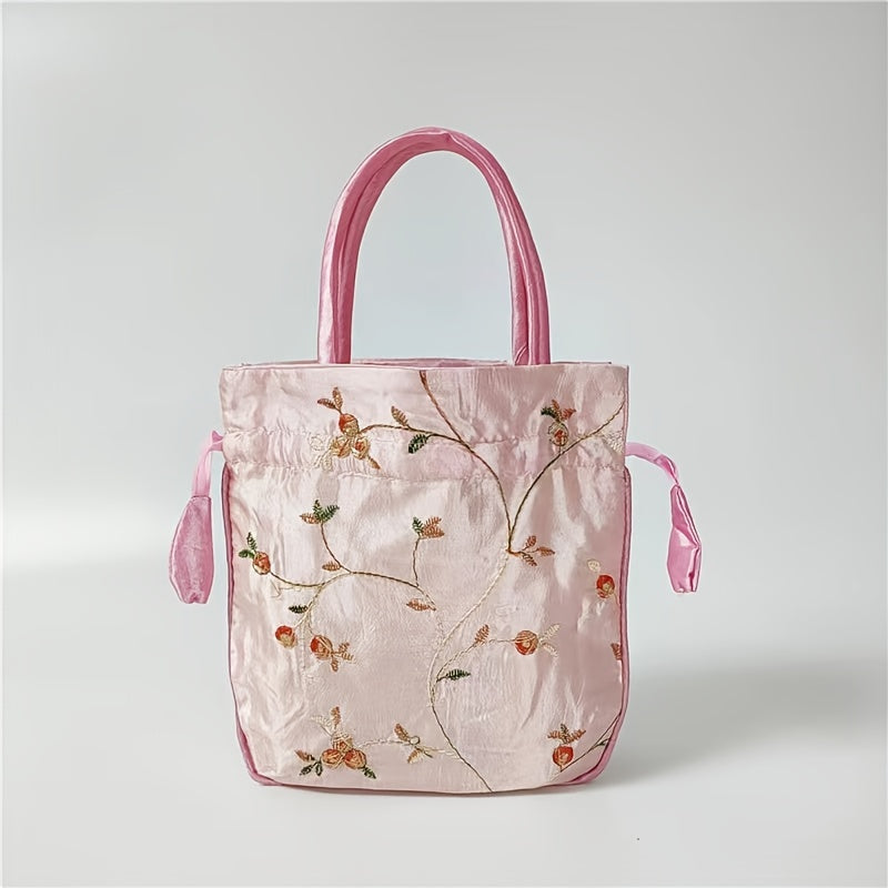 1pc Elegant Floral Clutch for Wo/Chic Drawstring Bucket Bag/Polyester Lining/Perfect for Coins & Phone/White & Pink/Cute Purse