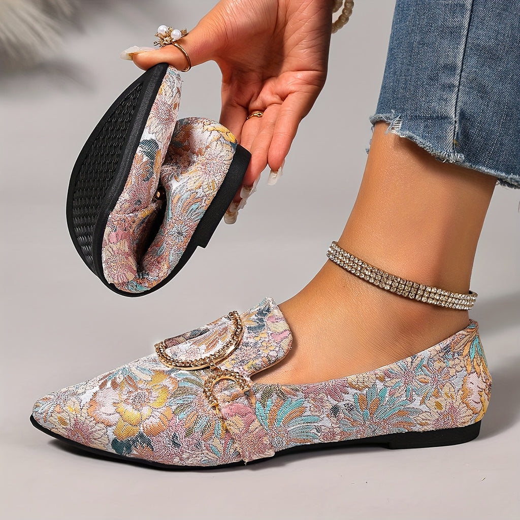 Light Blue & White Floral Design Women's Floral Embroidered Pointed-Toe Flats with Rhinestone Buckle - Soft Non-Slip Comfortable Casual Shoes, All-Season Versatile Slip-On Flats for Casual Attire, Ladies Shoes, Stylish Slipon