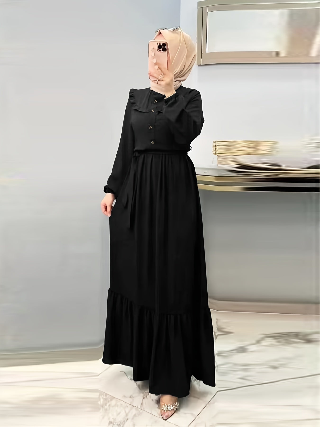 Modest Elegance, Elegant Solid Color Maxi Dress for Women - Casual Long Sleeve with Button Detail, Non-Stretch Polyester Blend, Machine Washable - Perfect for All Seasons
